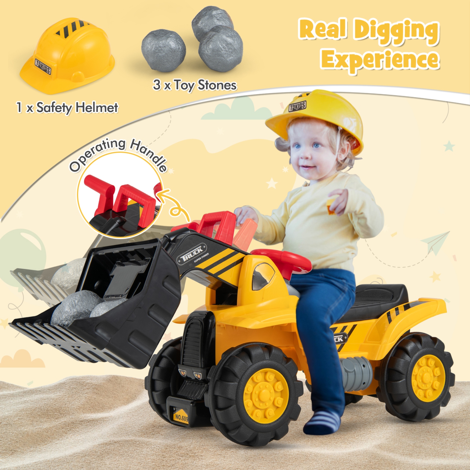 Costway Kids Ride on Excavator with Realistic Sound Effects Big Bucket 3 Toy Stones Helmet