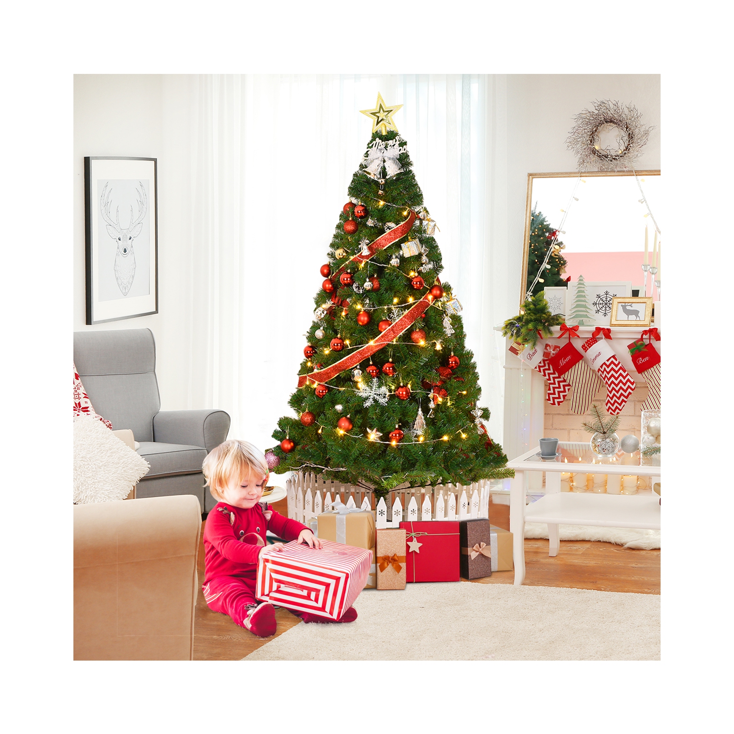 Sapin de Noël Artificiel Effet Réaliste, Vert, Hauteur 1,8M, Touffu avec 650 Branches, Socle en Métal