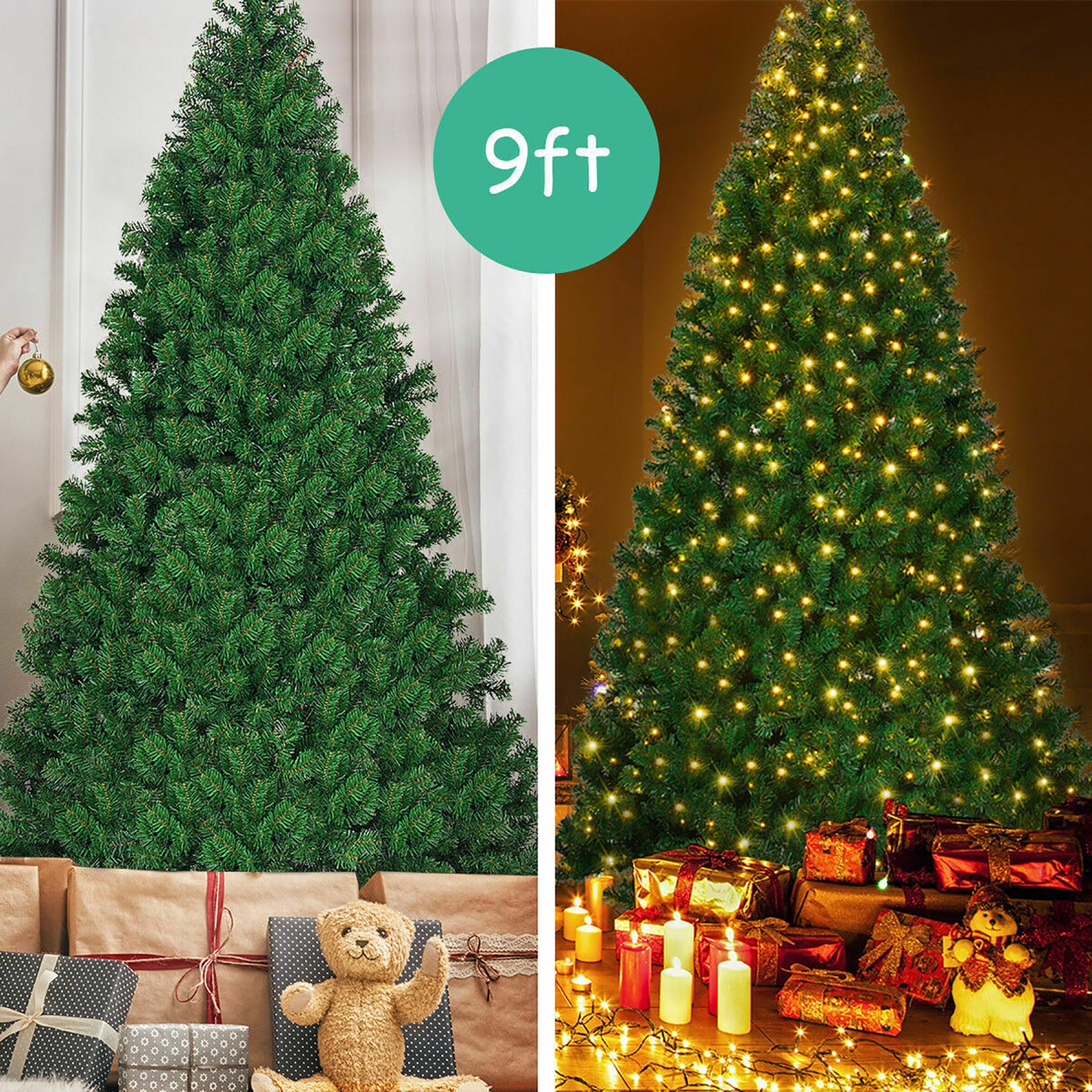 Costway 9Ft Pre-Lit PVC Artificial Christmas Tree Hinged w/ 700 LED Lights & Stand Green