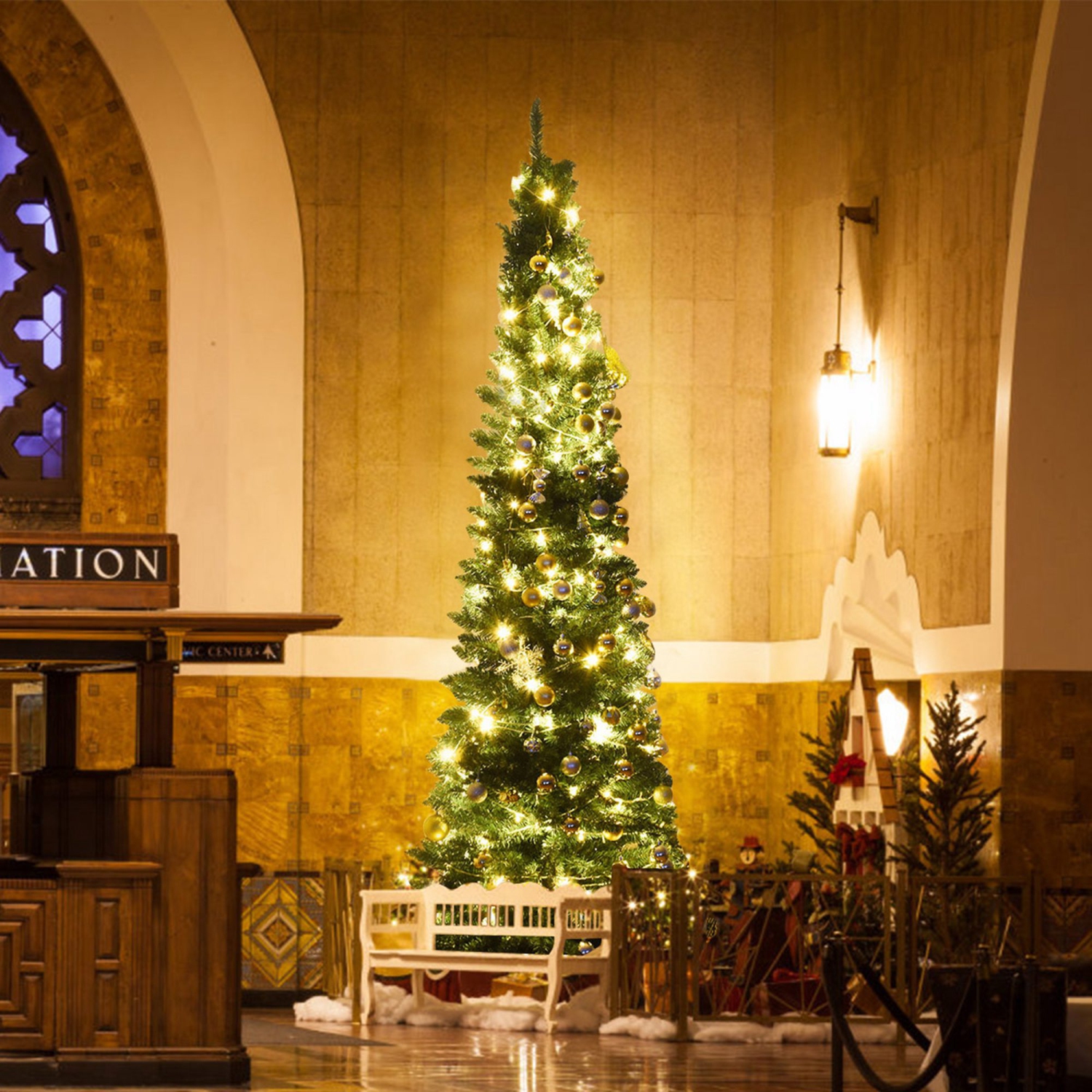 Costway 9Ft PVC Artificial Pencil Christmas Tree Slim w/ Stand Home Holiday Decor Green