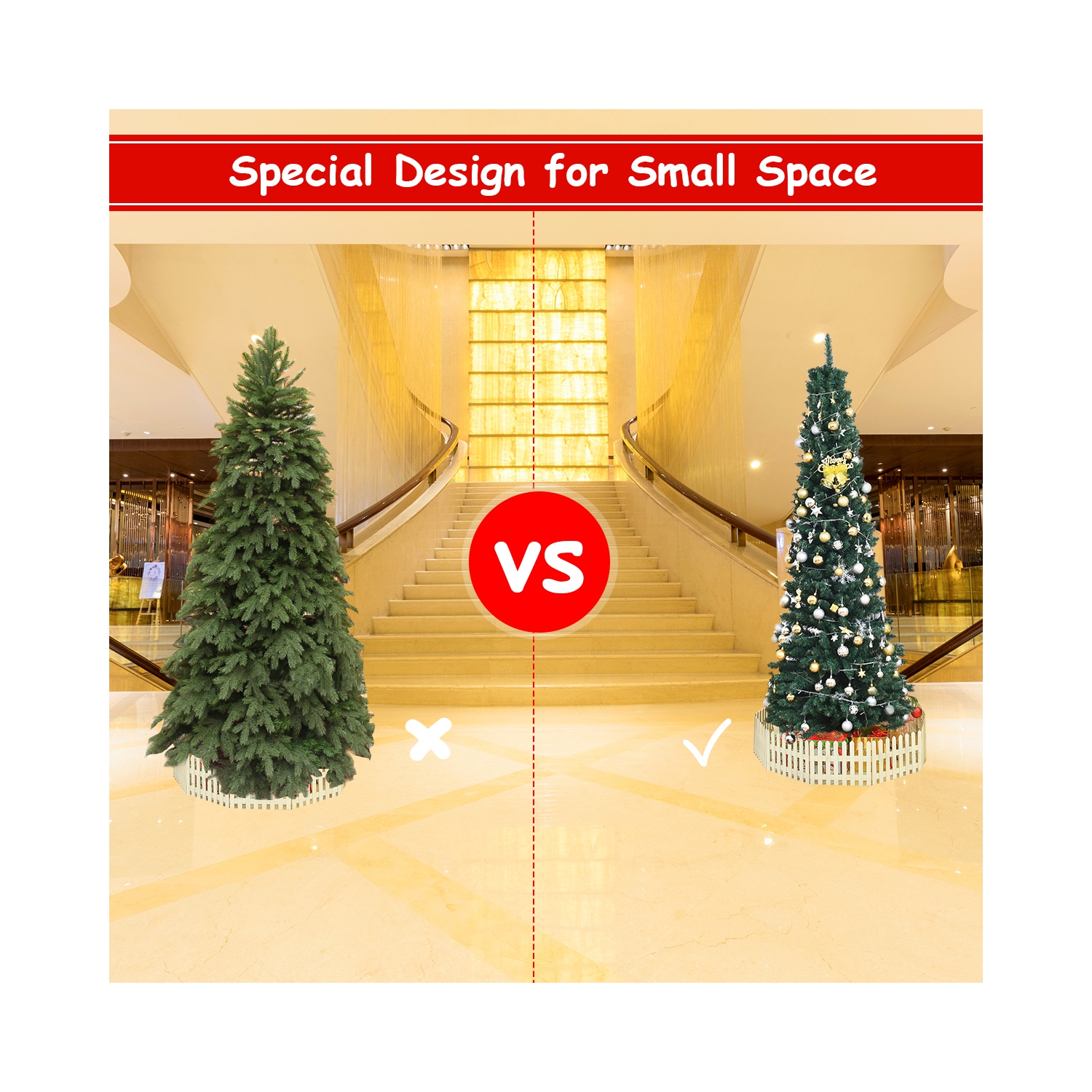 Costway 9Ft PVC Artificial Pencil Christmas Tree Slim w/ Stand Home Holiday Decor Green