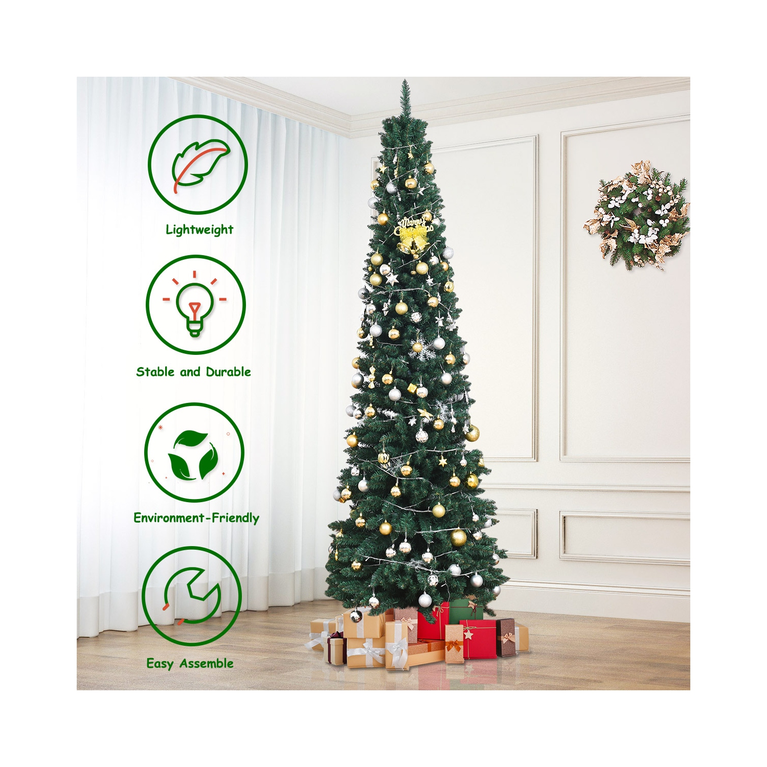 Costway 9Ft PVC Artificial Pencil Christmas Tree Slim w/ Stand Home Holiday Decor Green