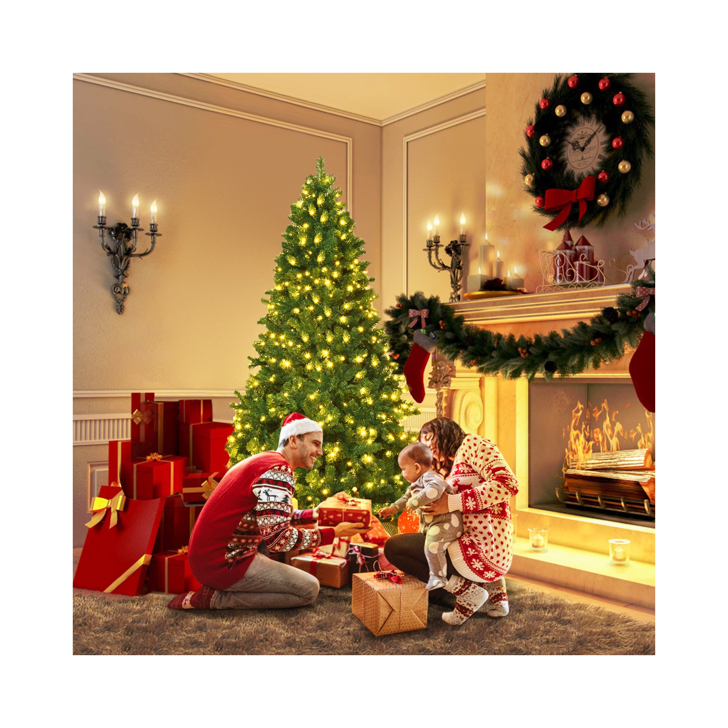 Costway 7.5Ft Pre-Lit Hinged PVC Artificial Christmas Tree w/ 400 LED Lights & Stand New