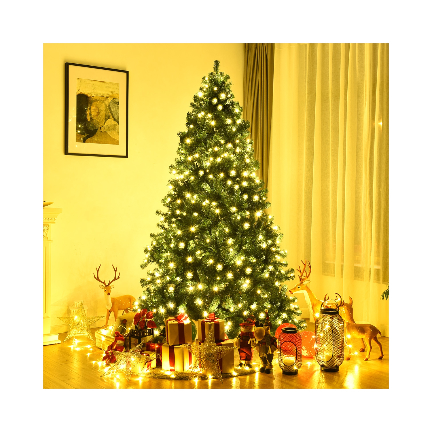 Costway 7.5Ft Pre-Lit Hinged PVC Artificial Christmas Tree w/ 400 LED Lights & Stand New