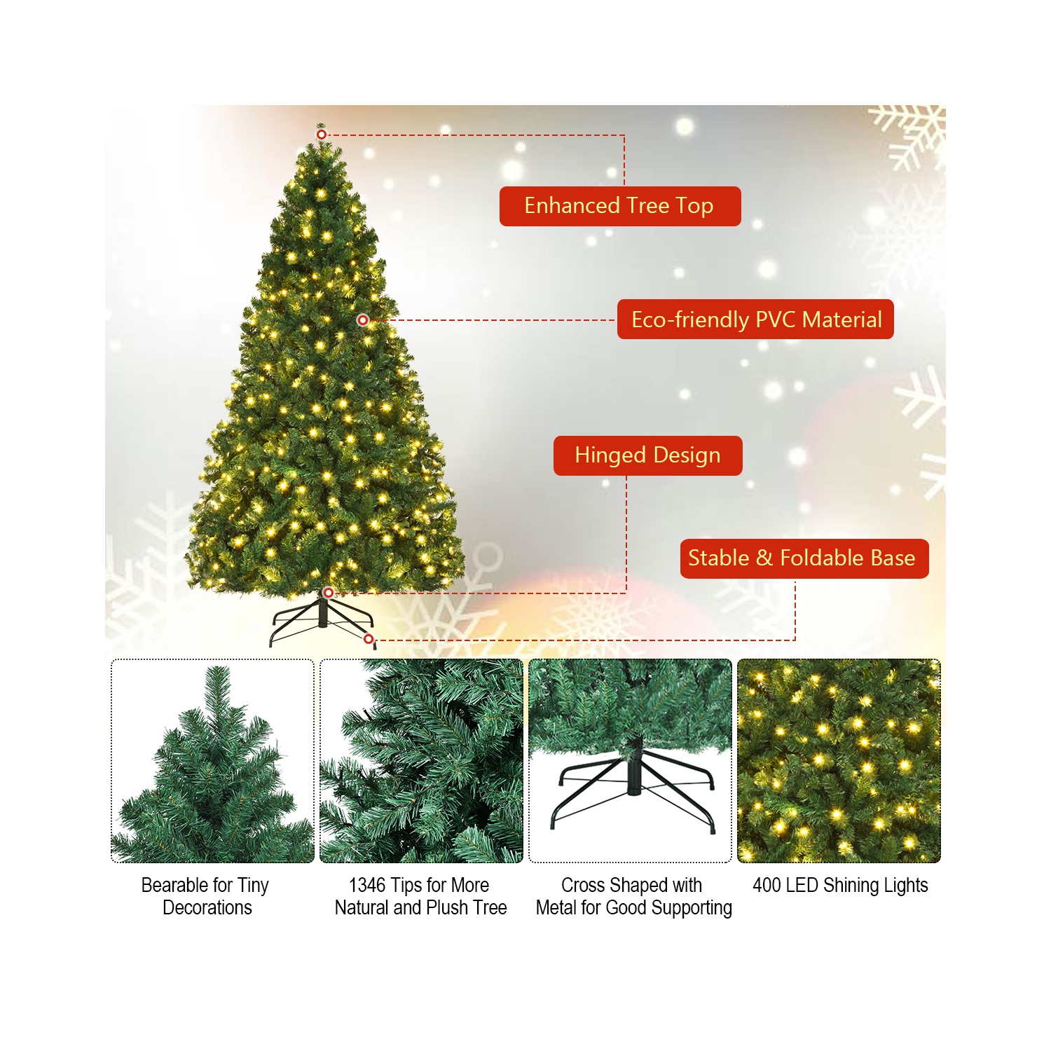 Costway 7.5Ft Pre-Lit Hinged PVC Artificial Christmas Tree w/ 400 LED Lights & Stand New