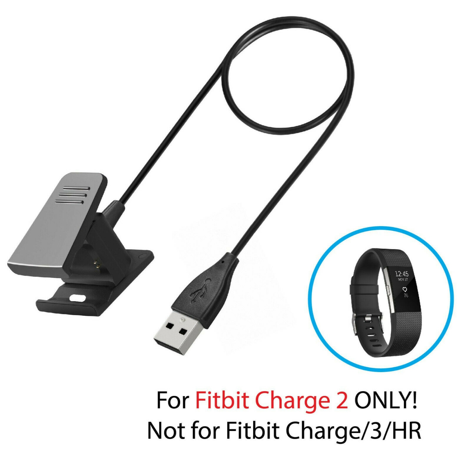 USB Smart Watch Wireless Wristband Charging Charger Cable for Fitbit Charge 2, 100cm, Black