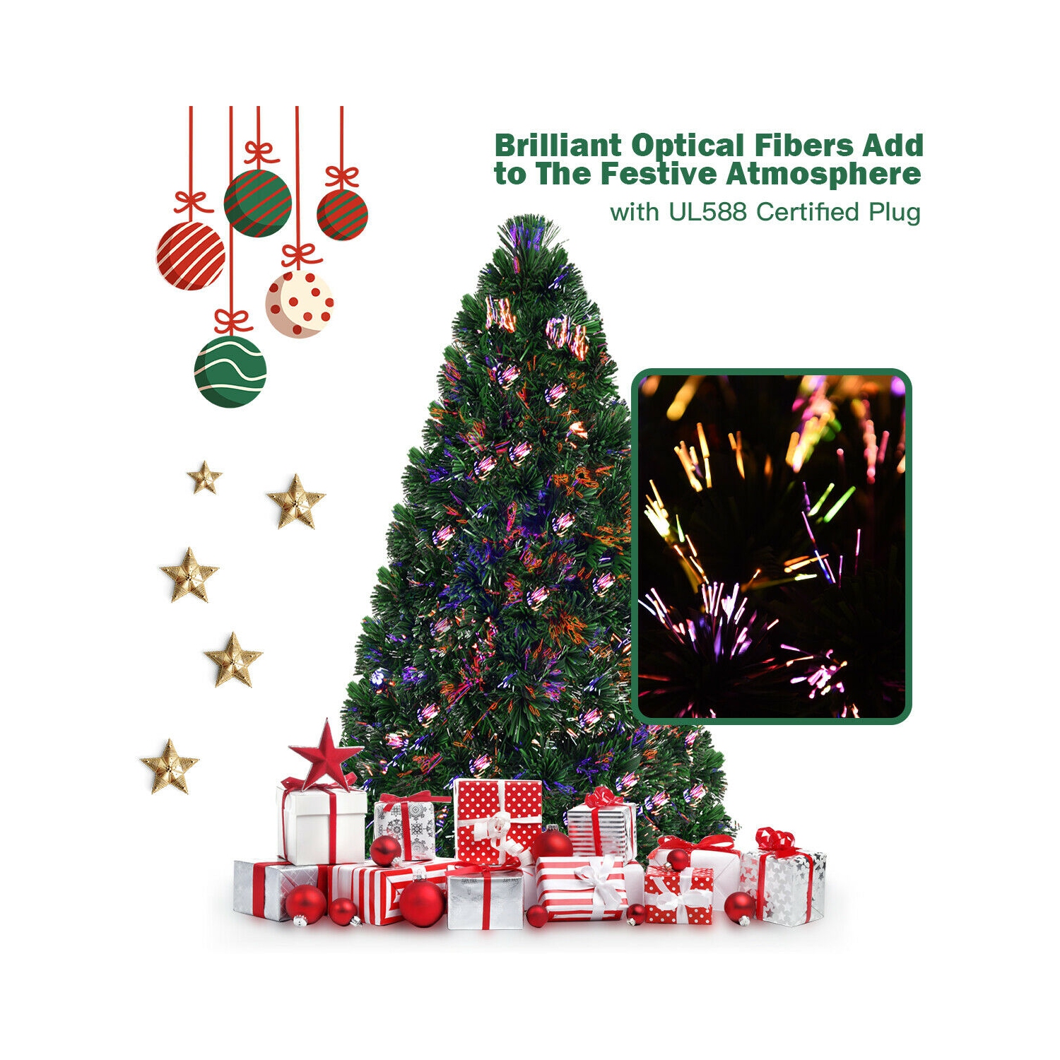 Costway 6Ft Pre-Lit Fiber Optic Artificial PVC Christmas Tree w/ Metal Stand