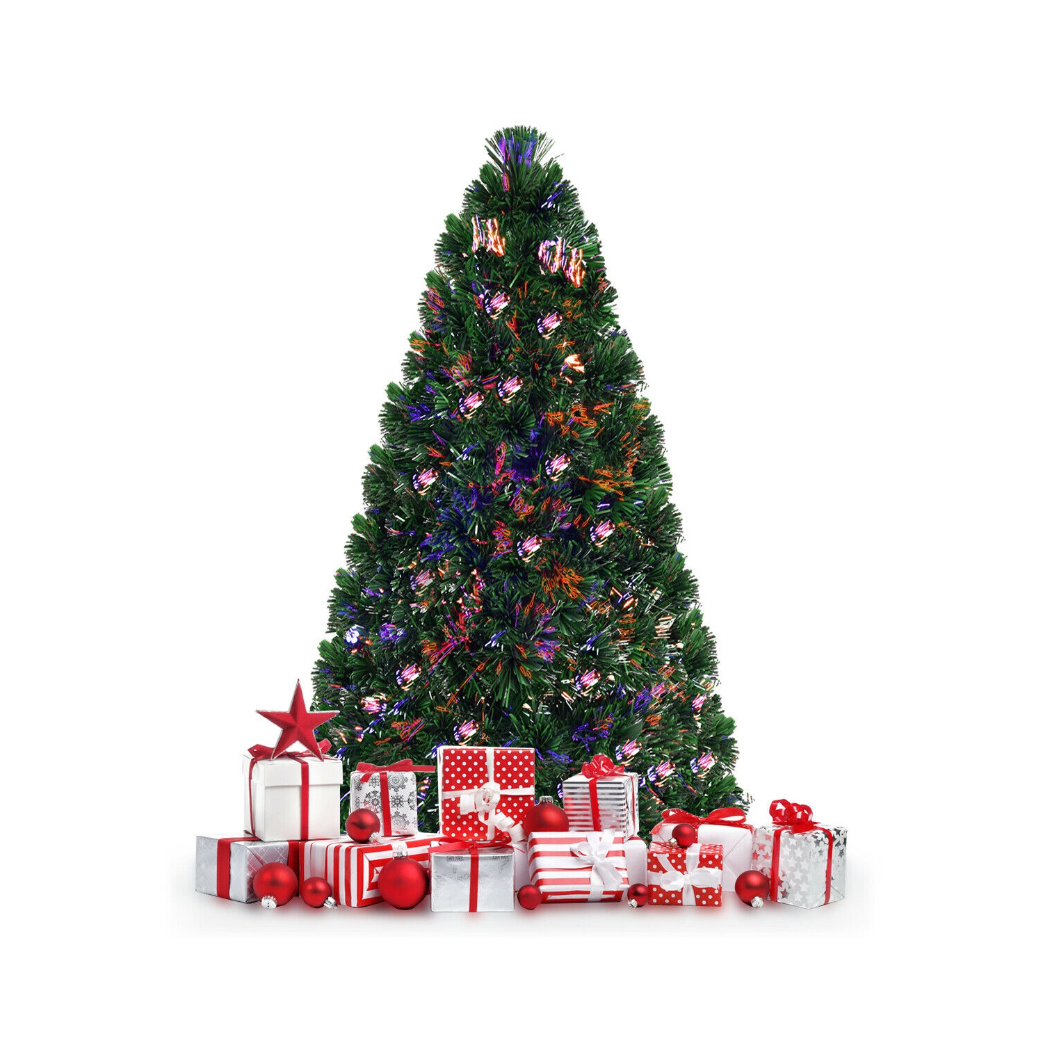 Costway 6Ft Pre-Lit Fiber Optic Artificial PVC Christmas Tree w/ Metal Stand