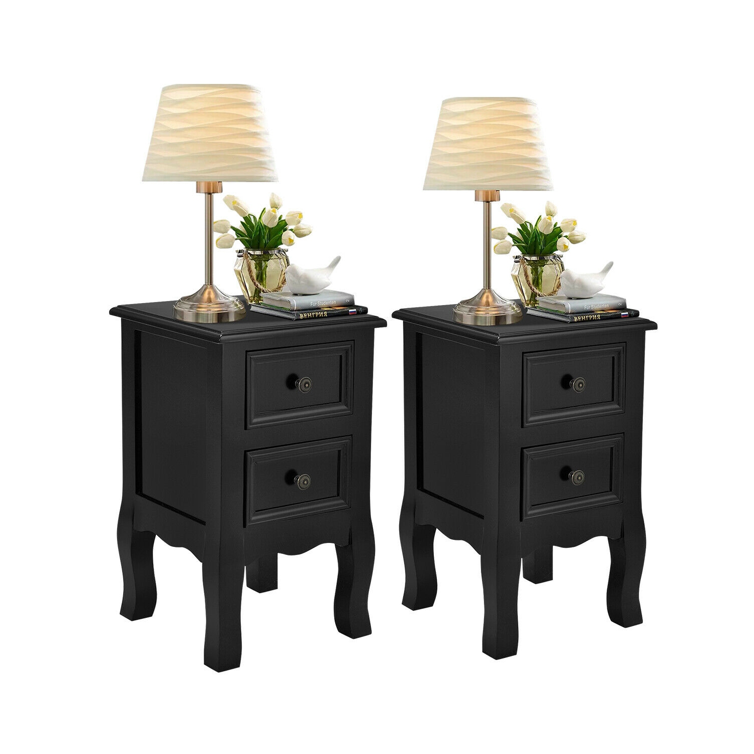Costway 2PCS Black Night Stand w/ 2 Storage Drawers, Wood End Accent Table