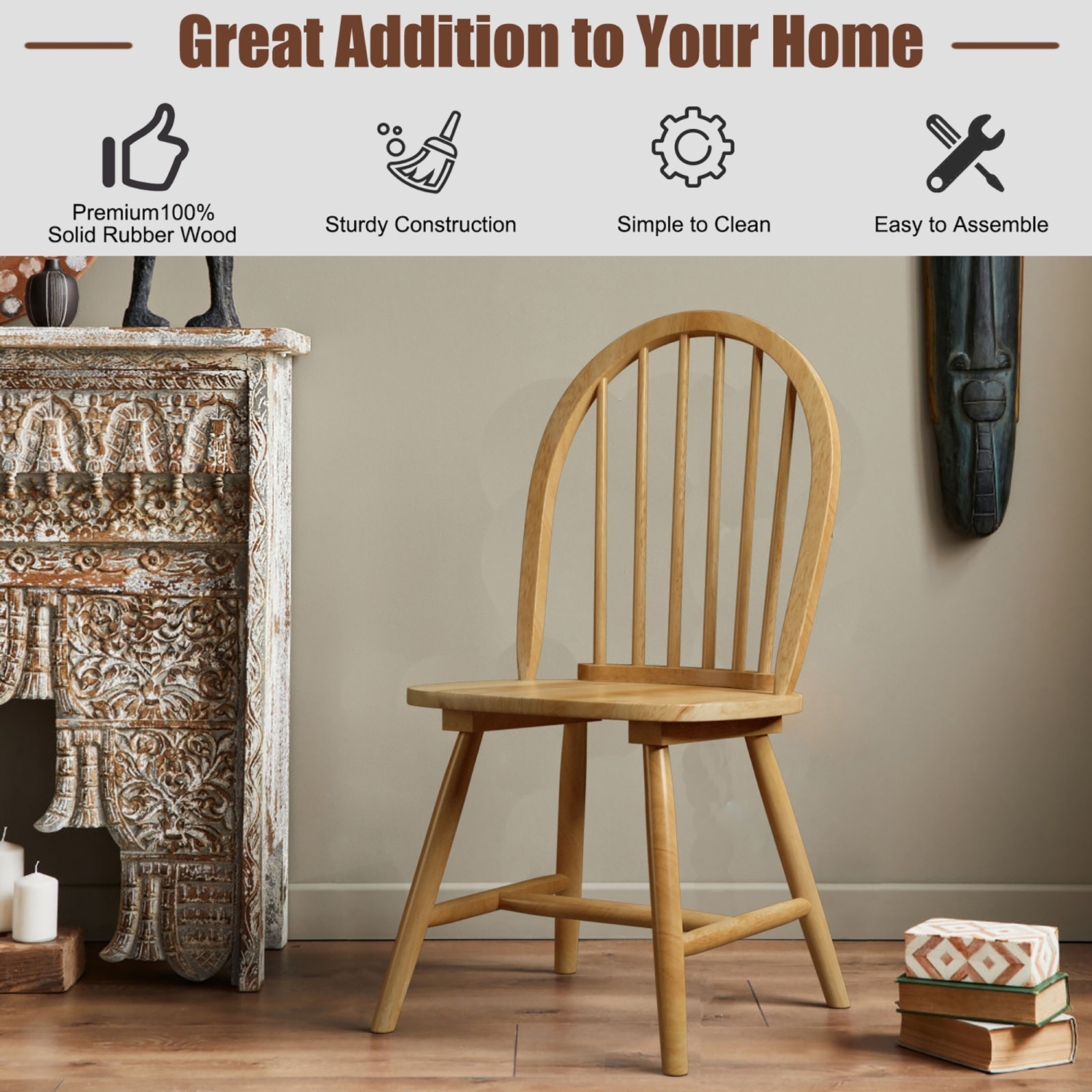 Costway 4 PCS Vintage Windsor Dining Side Chair Wood Spindleback Kitchen Natural