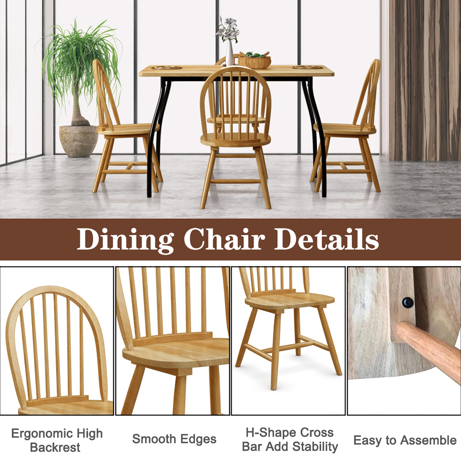 Costway 4 PCS Vintage Windsor Dining Side Chair Wood Spindleback Kitchen Natural