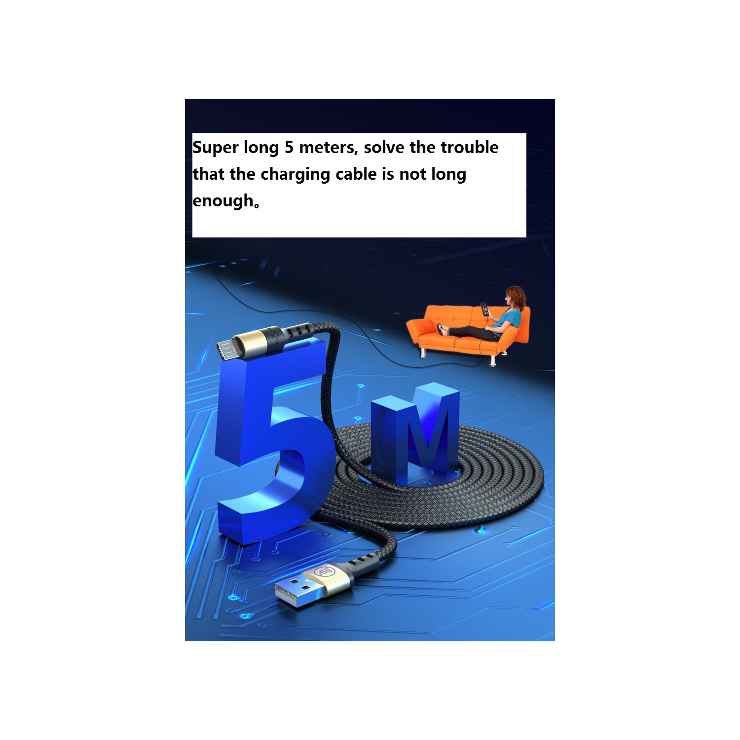 Navor 5m Micro USB Charging Cable for Playstation 4 Controller, DualShock 4, Android Smartphones, Tablets - 2-Pack