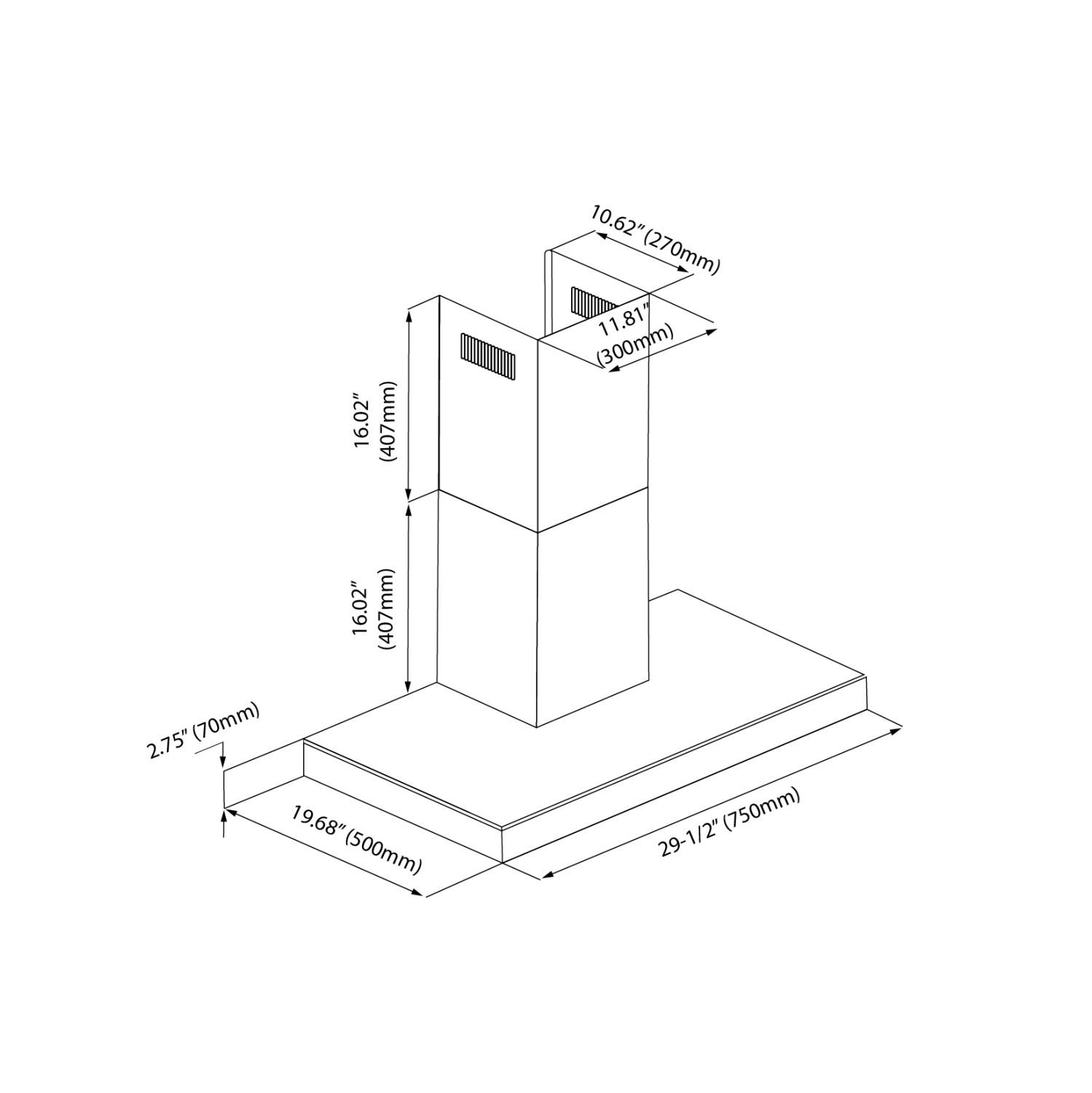 Hotte d’îlot de cuisine en acier inoxydable de 30 po et 760 pi3/min de Blue Ocean