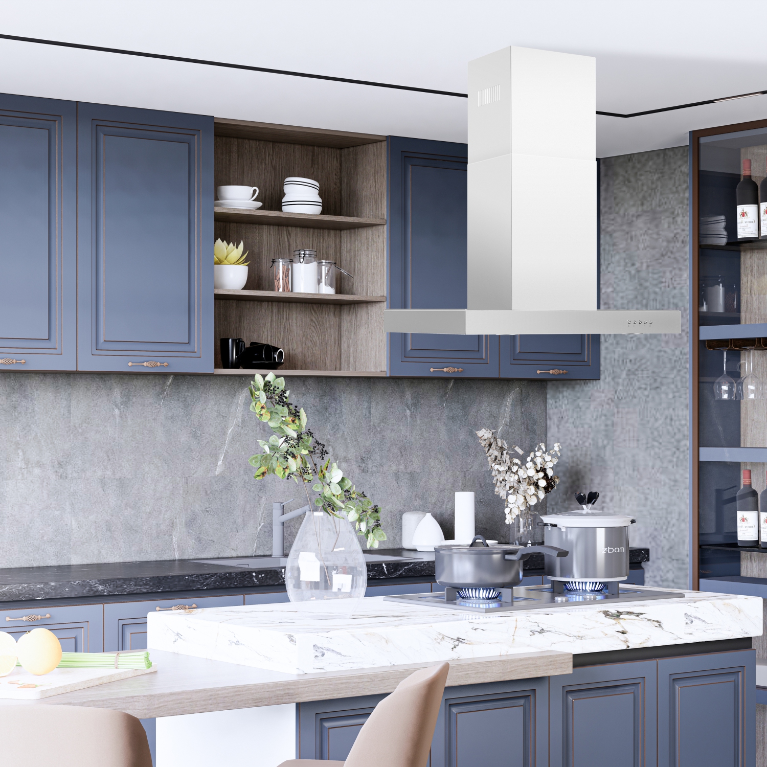 Hotte d’îlot de cuisine en acier inoxydable de 30 po et 760 pi3/min de Blue Ocean