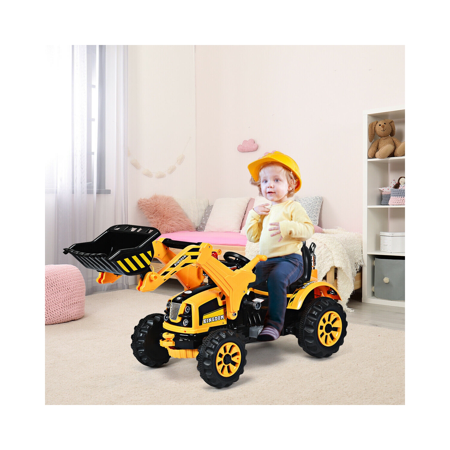 Costway 12V Battery Powered Kids Ride On Excavator Truck With Front Loader Digger Yellow