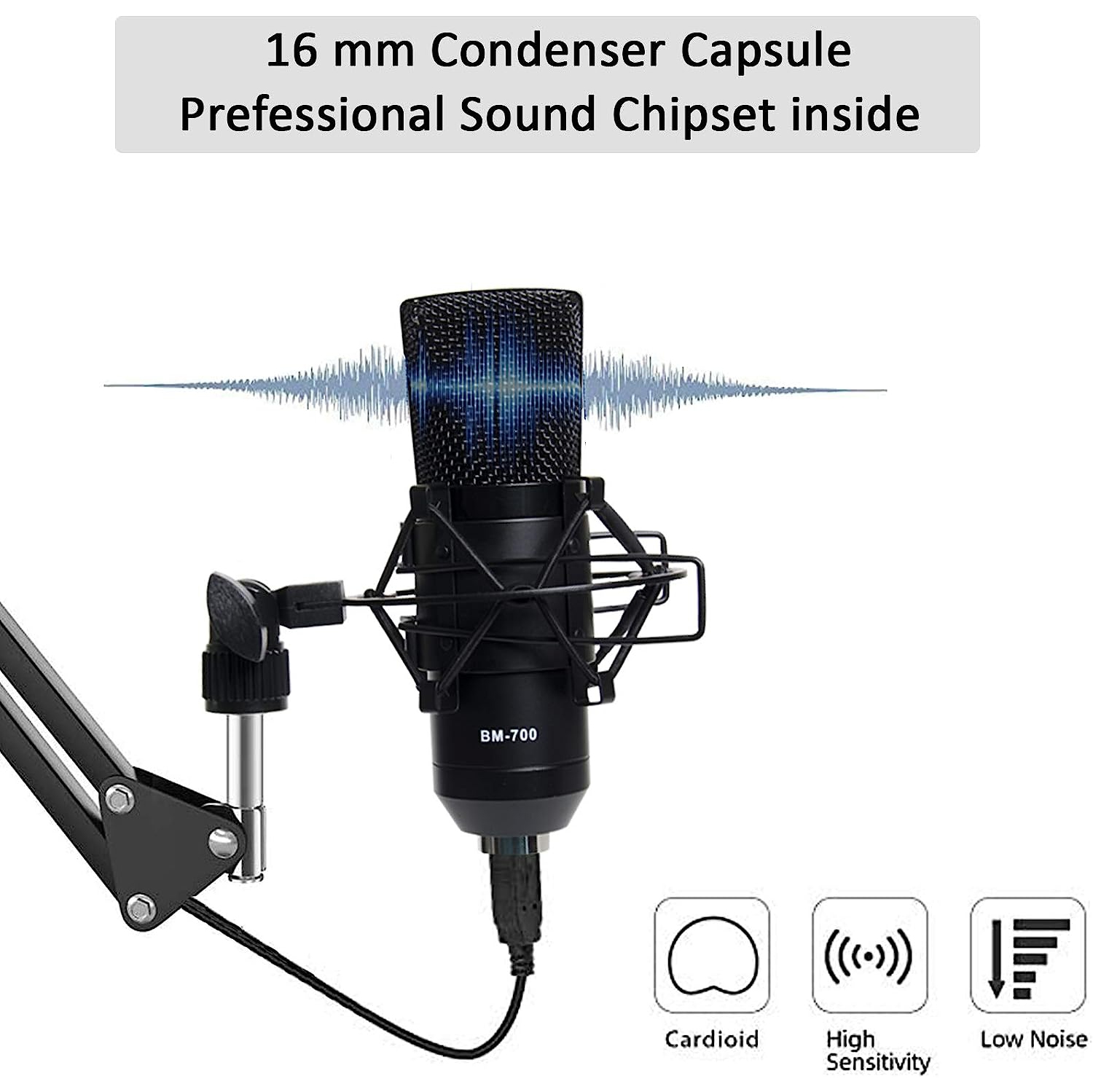 Microphone à condensateur et micro professionnel cardioïde avec bras ciseaux à suspension de micro ajustable, support amortisseur et filtre