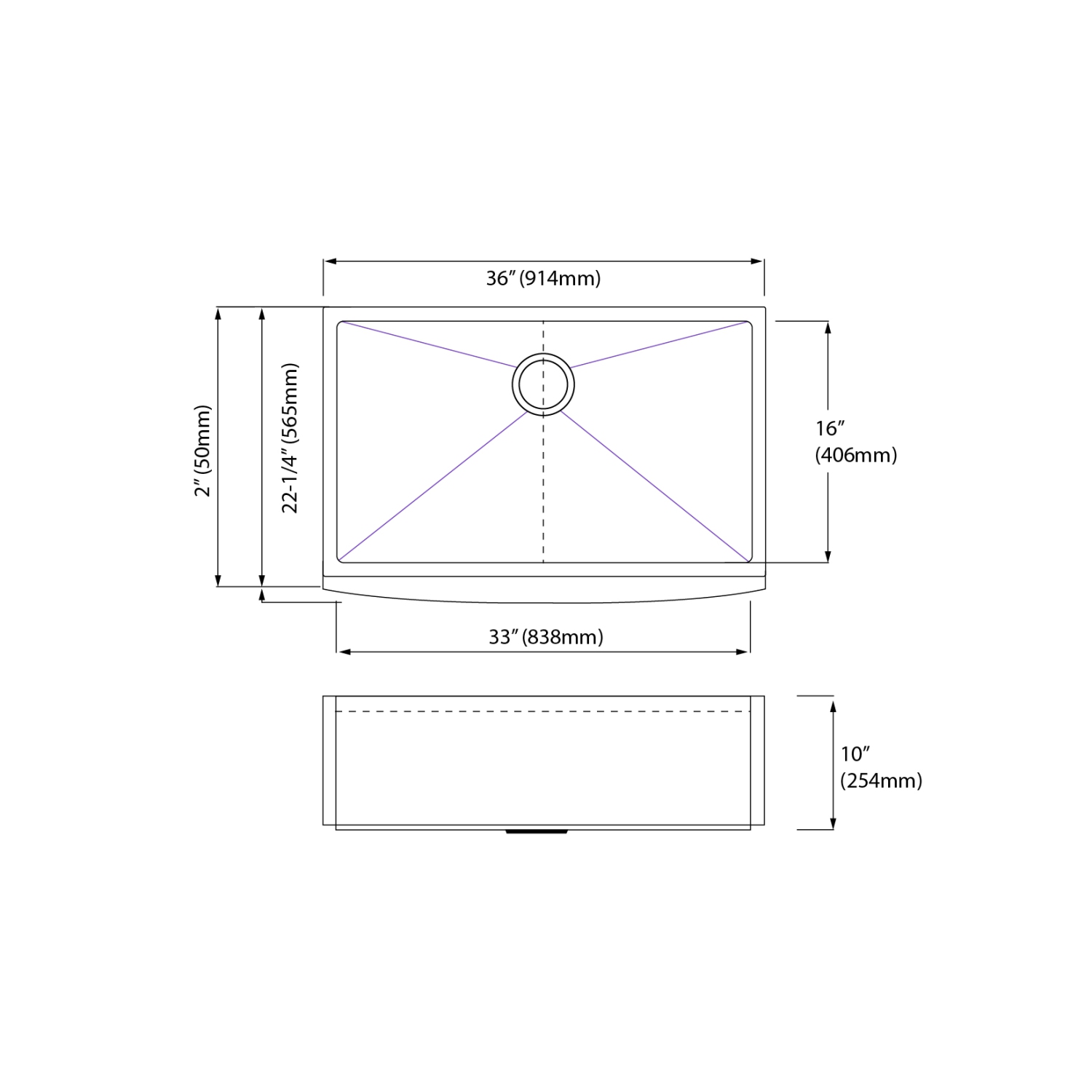 Évier de cuisine de 36 po en acier inoxydable, tablier de 16, grille et crépine GRATUITES