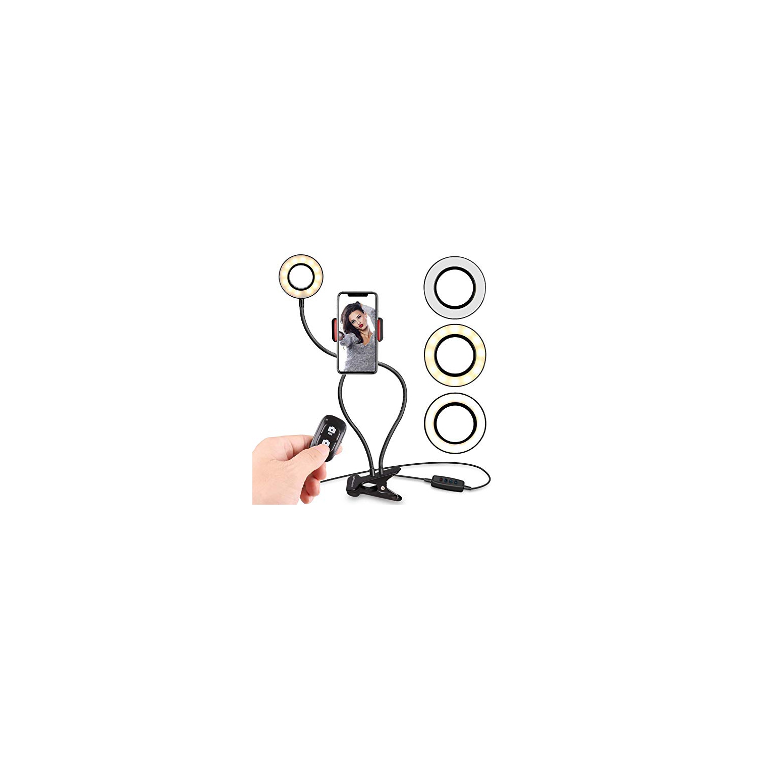 Anneau lumineux pour égoportraits avec support pour téléphone cellulaire pour diffusion en direct et maquillage, télécommande d’obturateur pour