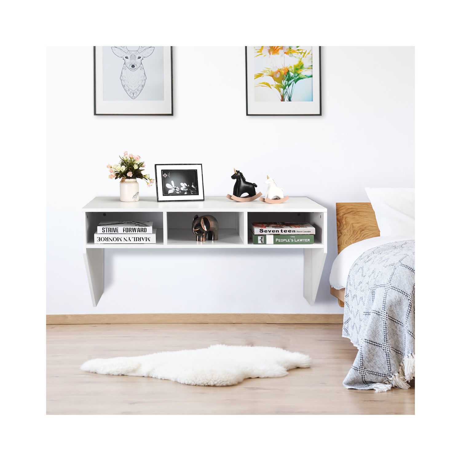 Costway Wall Mounted Floating Computer Table Desk Home Office Furni Storage Shelf White