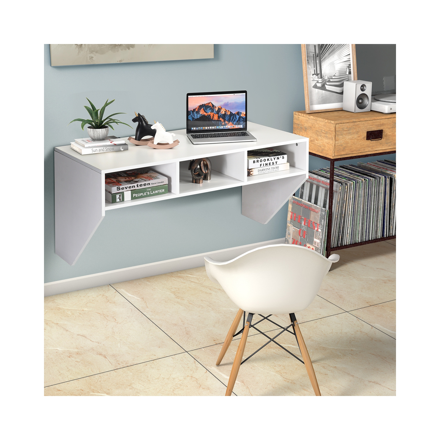 Costway Wall Mounted Floating Computer Table Desk Home Office Furni Storage Shelf White