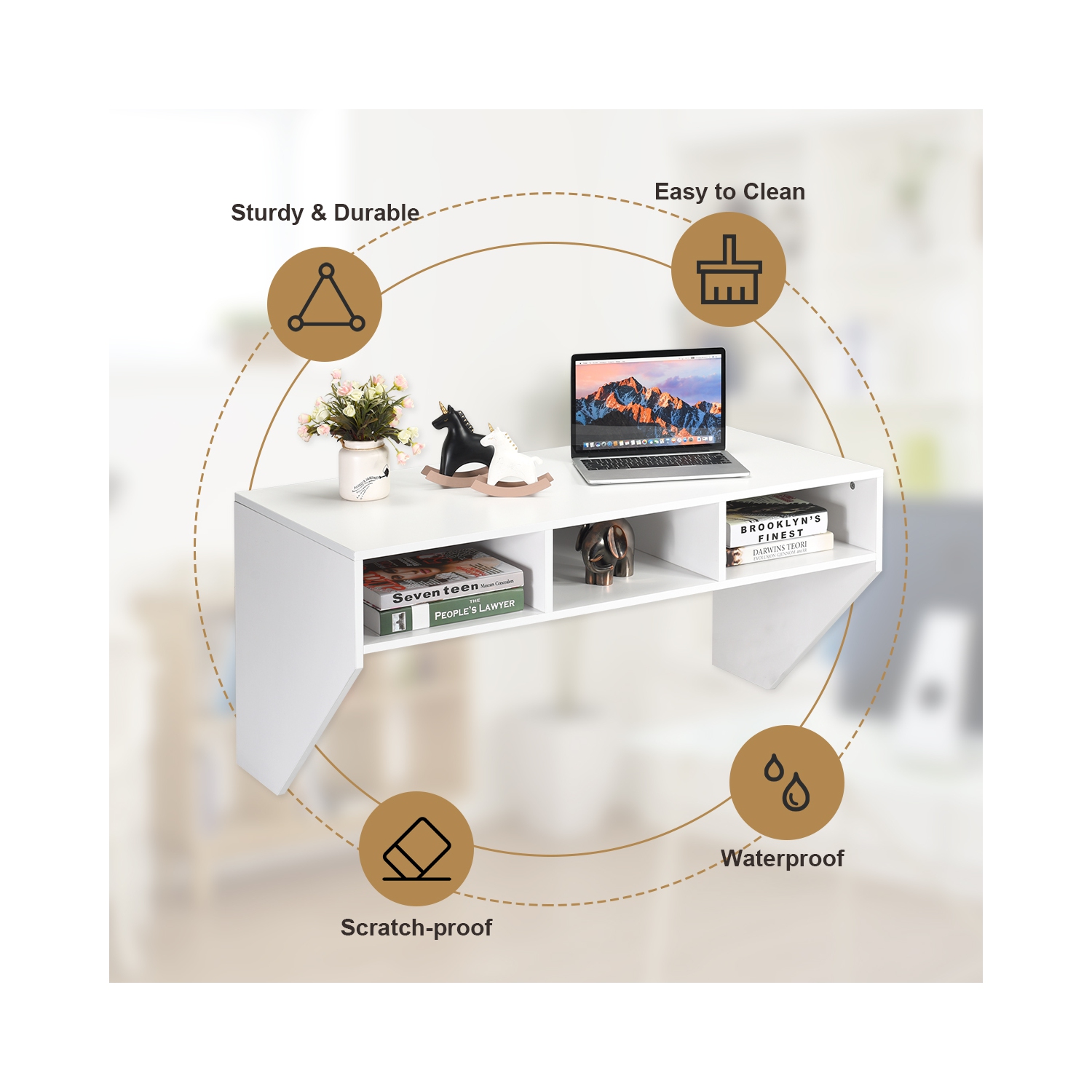 Costway Wall Mounted Floating Computer Table Desk Home Office Furni Storage Shelf White