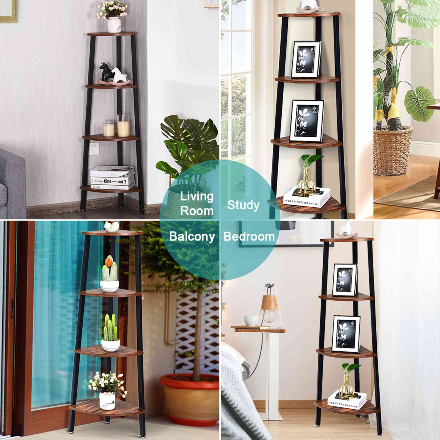 Costway 4-Tier Corner Shelf Metal Storage Rack Domestic Bookcase Display Stand Wood