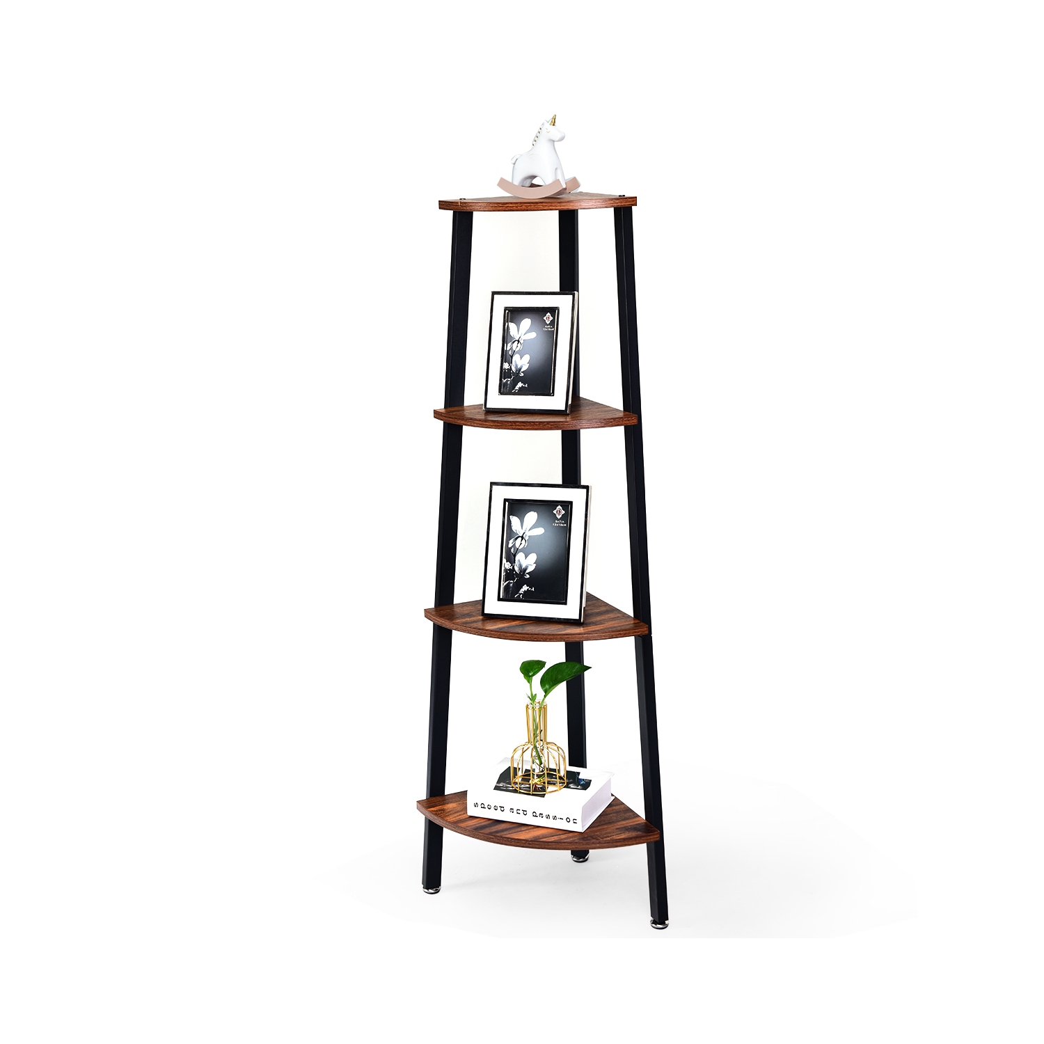 Costway 4-Tier Corner Shelf Metal Storage Rack Domestic Bookcase Display Stand Wood