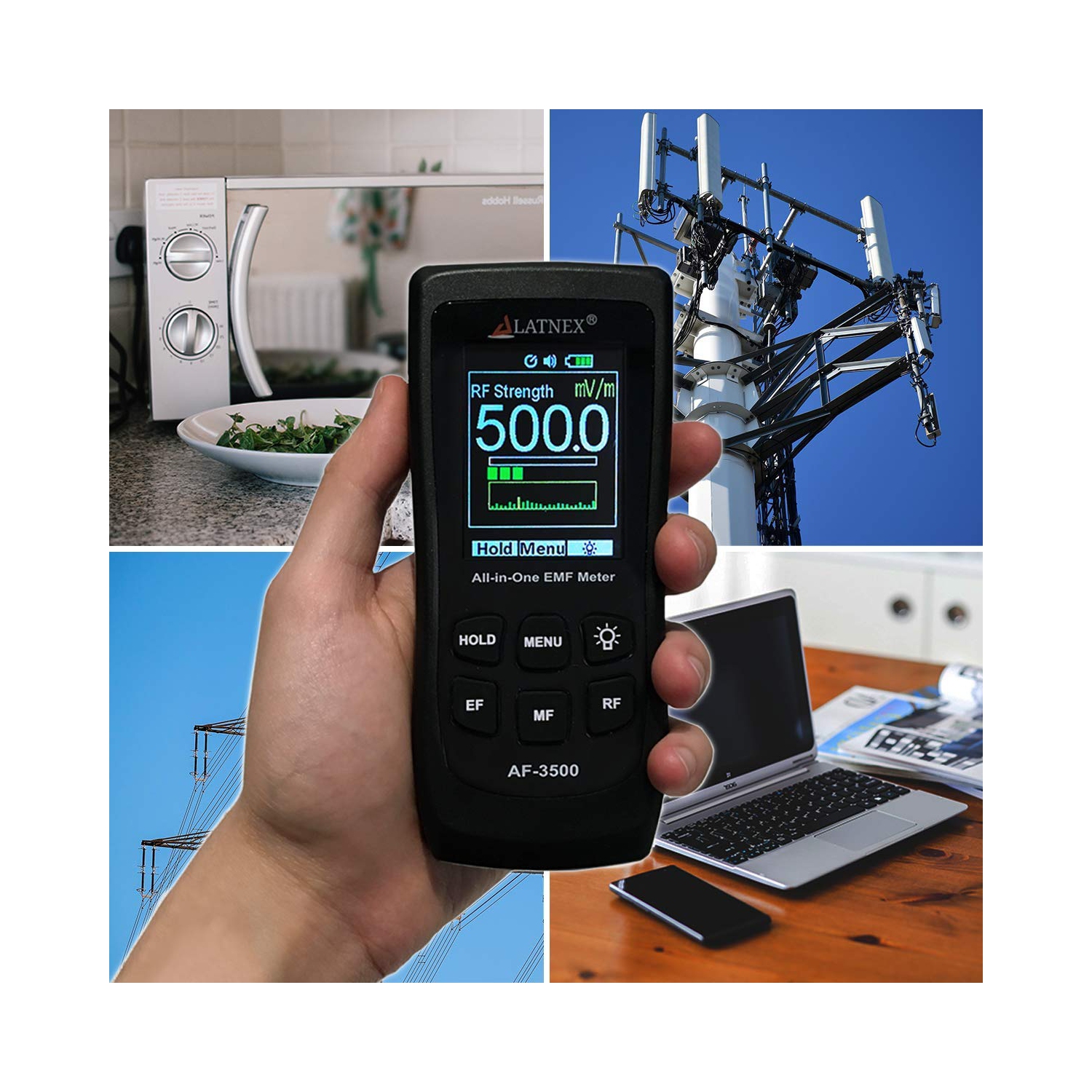 Le détecteur RF de mètre EMF AF-3500 de LATNEX avec certificat de calibrage mesure les radiofréquences, les fours à micro-ondes, les champs