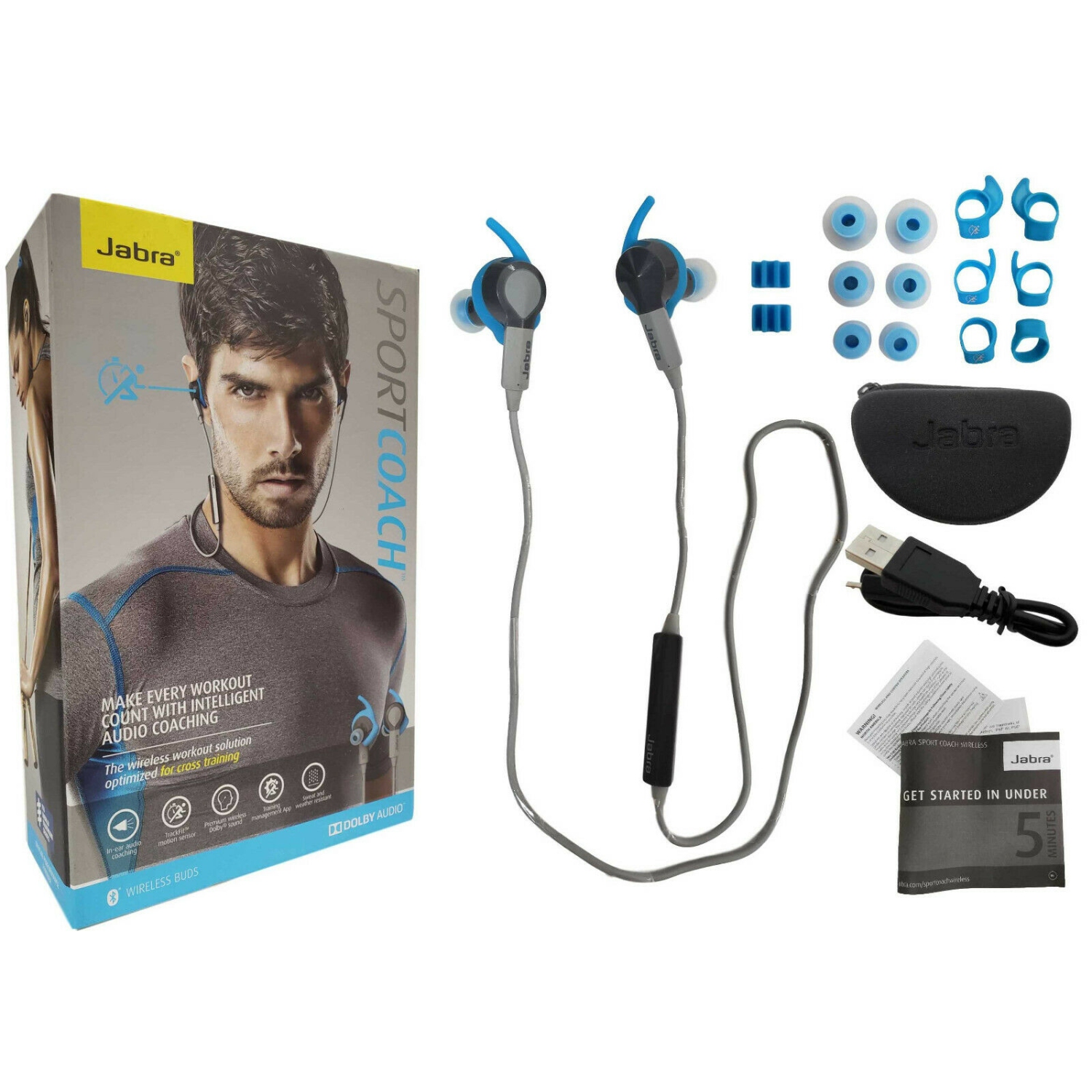 Jabra Sport Coach Bluetooth Wireless Buds Dolby Audio TrackFit 5.5 Music/Talk - Open Box