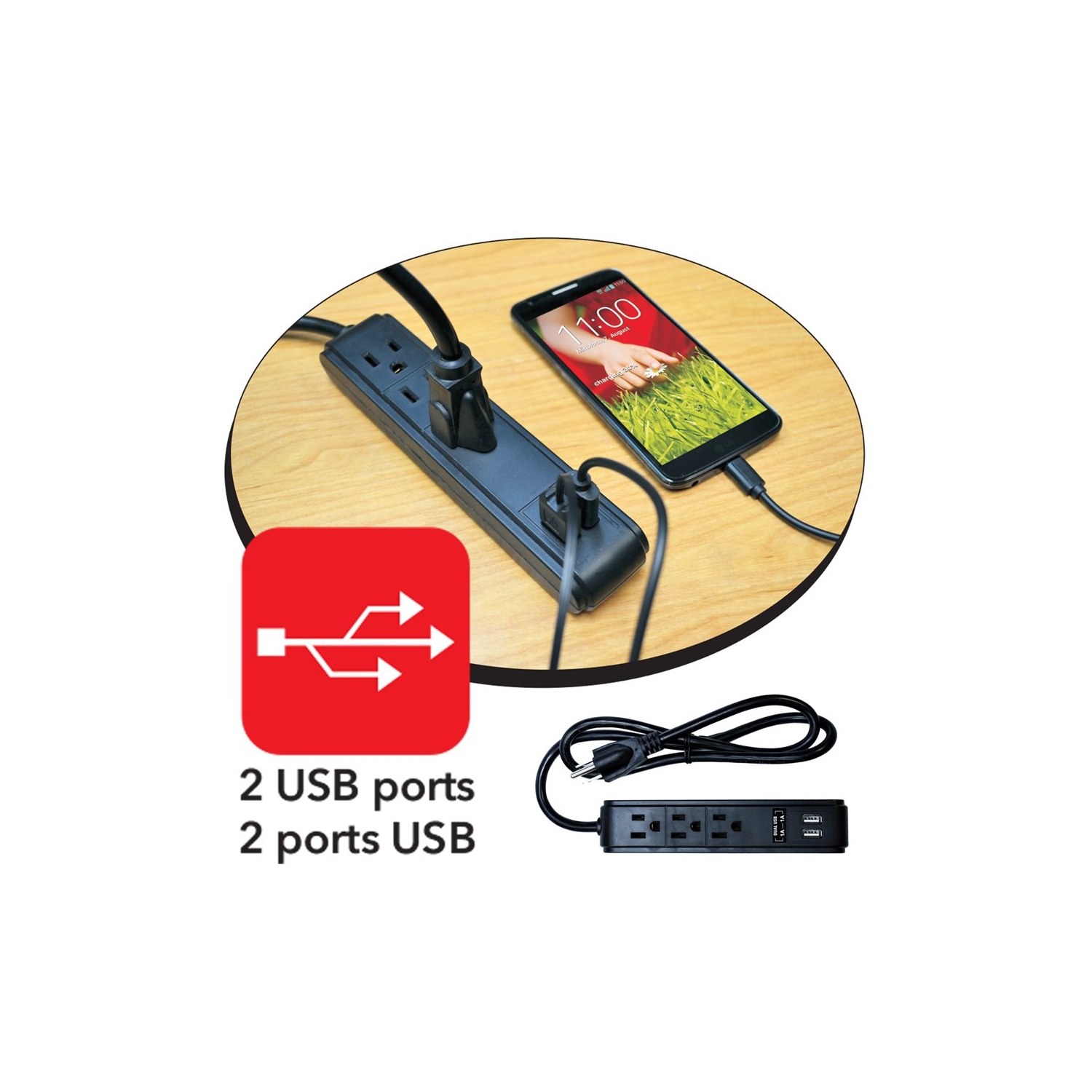 Elink EK-4058 Power Cord with 3 grounded outlets and 2 USB ports Black