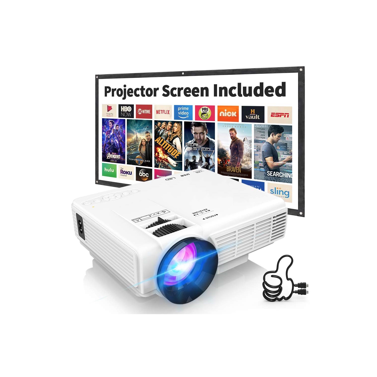Mini Projector Outdoor Movie Projector with 100Inch Projector Screen, Full HD 1080P Projector Supported, Compatible with TV Stick, Video Games, HDMI, USB, TF, VGA, AUX, AV, PS4