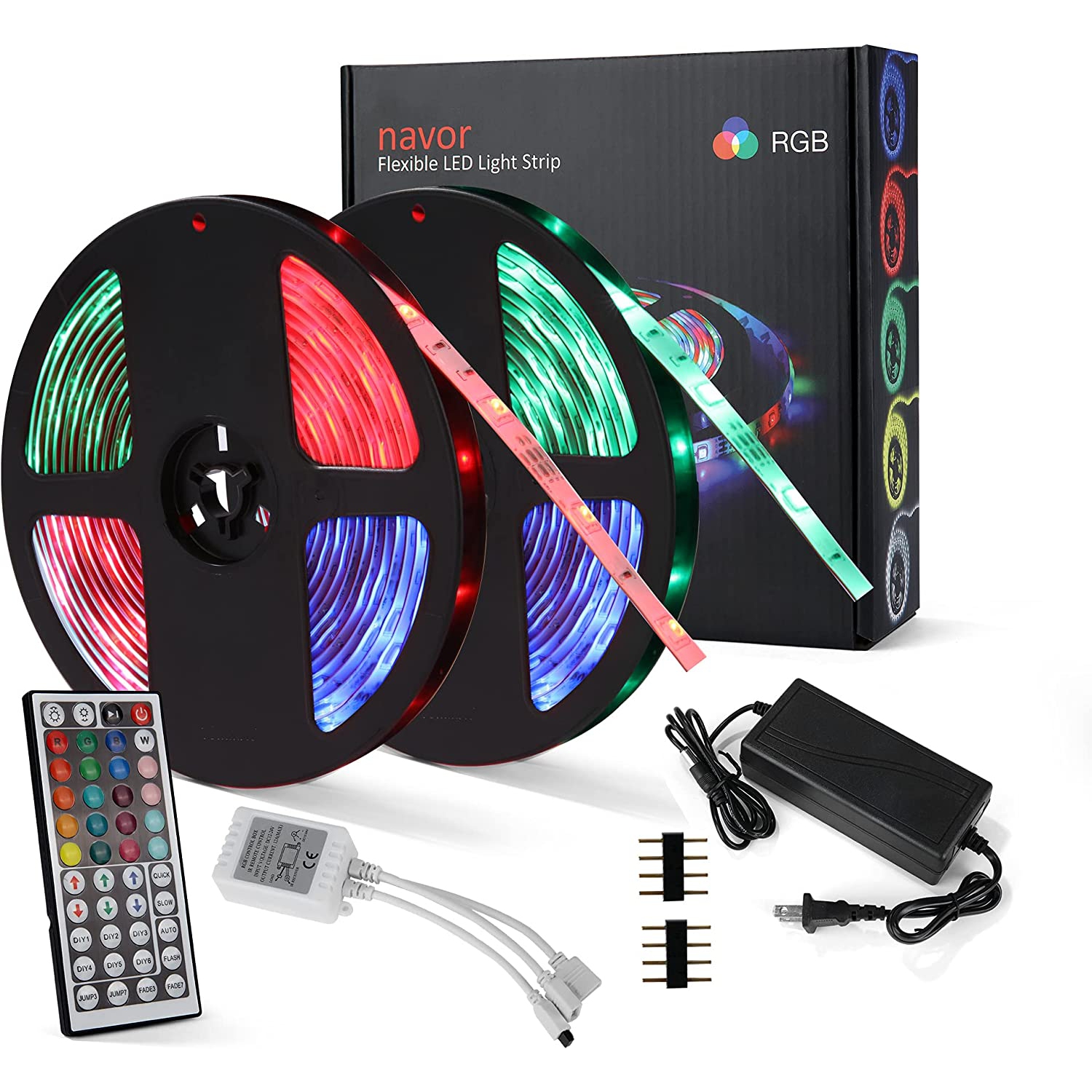 Bande lumineuse DEL de 32,8 pi avec 6 modes d’éclairage - 300 DEL RVB, cordon lumineux, 44 touches, télécommande IR, bande DEL étanche IP65 à