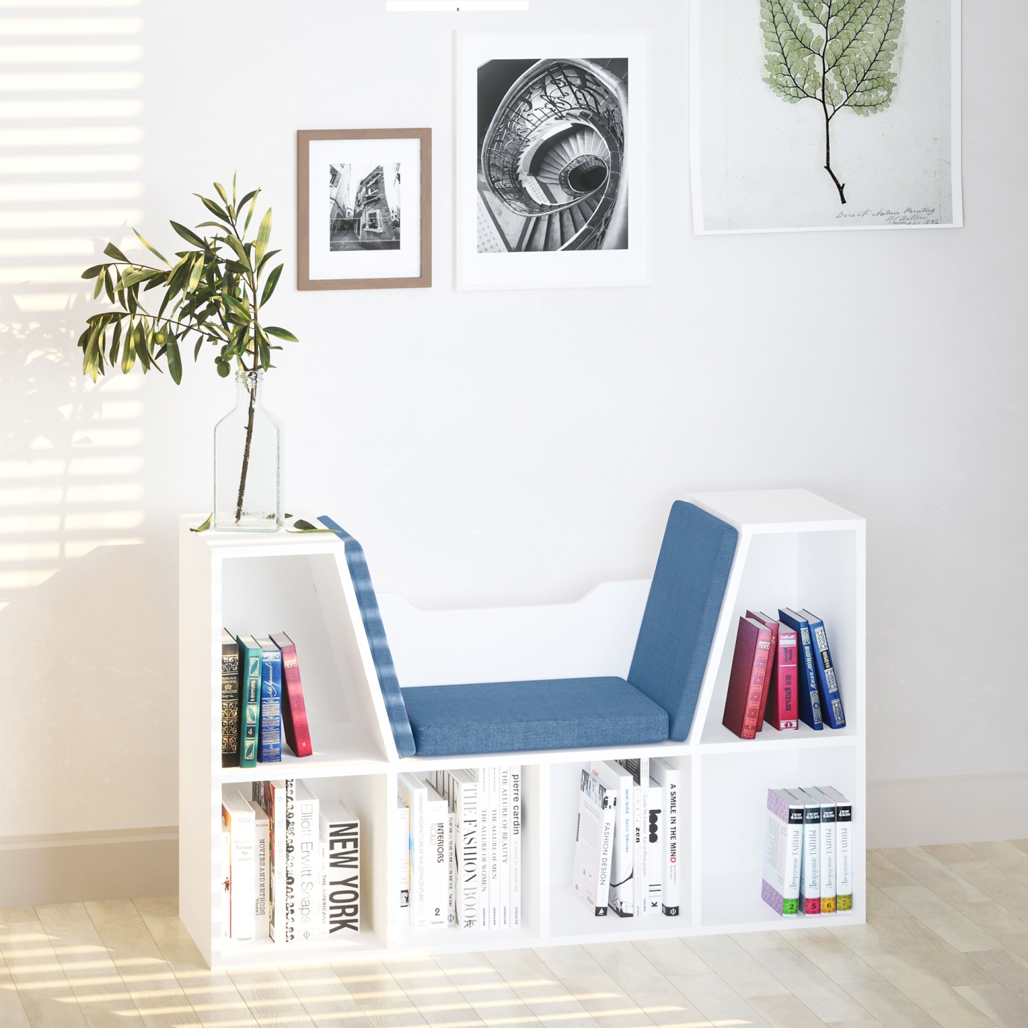 HOMCOM – Bibliothèque à 6 casiers avec coussin de siège, étagère de rangement cubique avec coin de lecture pour bureau à domicile, bureau, bleu