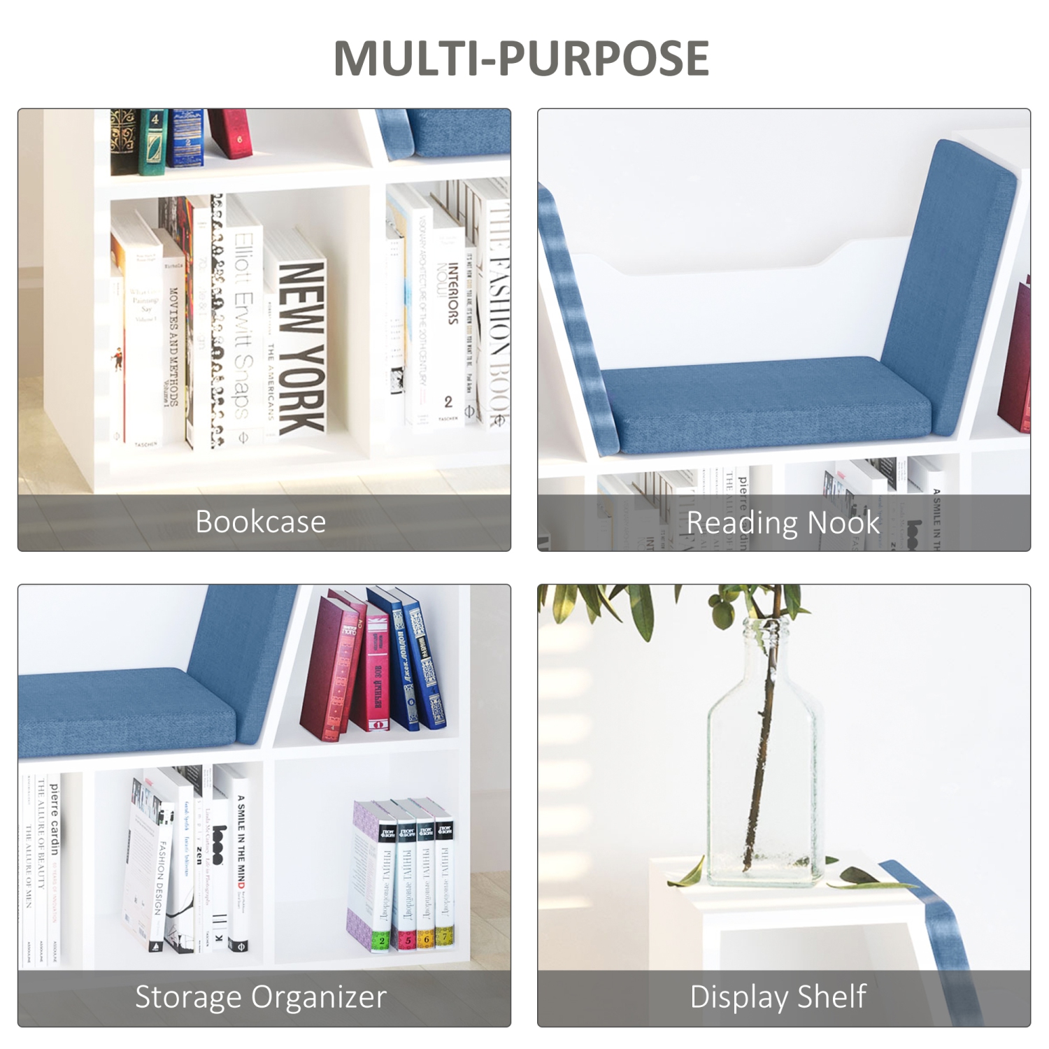 HOMCOM – Bibliothèque à 6 casiers avec coussin de siège, étagère de rangement cubique avec coin de lecture pour bureau à domicile, bureau, bleu