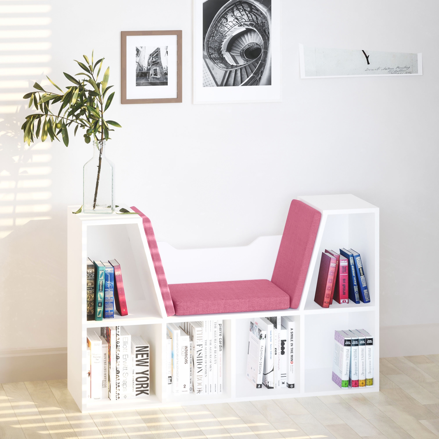 HOMCOM – Bibliothèque à 6 casiers avec coussin de siège, étagère de rangement cubique avec coin de lecture pour bureau à domicile, bureau, rose