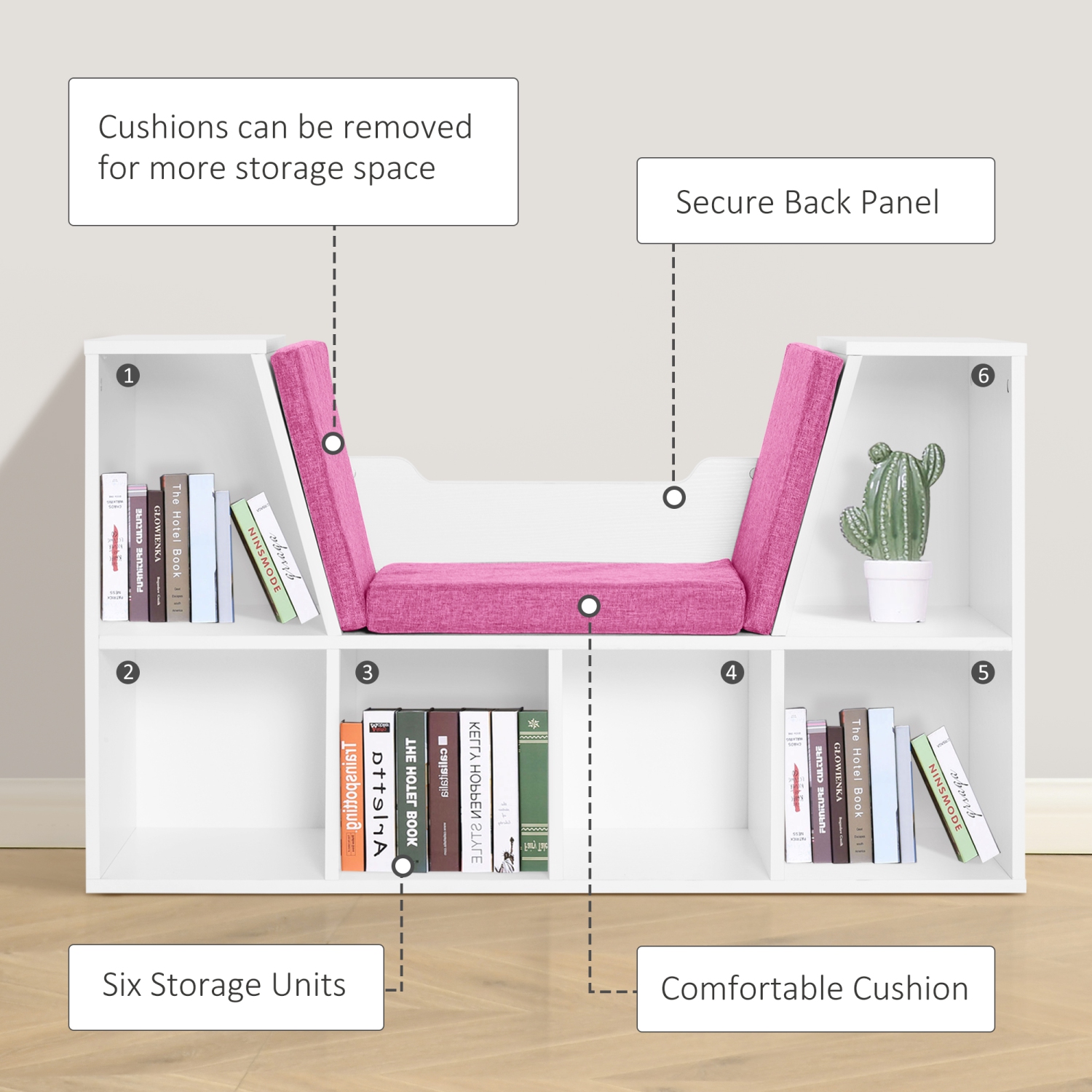 HOMCOM – Bibliothèque à 6 casiers avec coussin de siège, étagère de rangement cubique avec coin de lecture pour bureau à domicile, bureau, rose