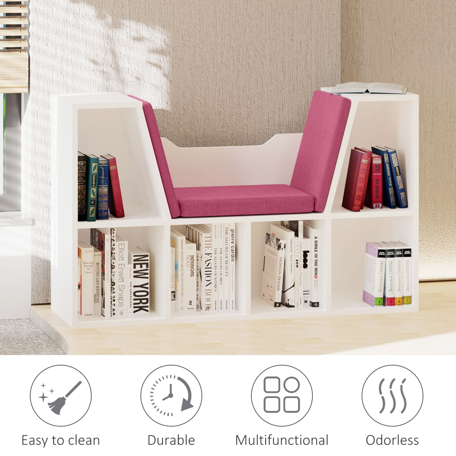 HOMCOM – Bibliothèque à 6 casiers avec coussin de siège, étagère de rangement cubique avec coin de lecture pour bureau à domicile, bureau, rose