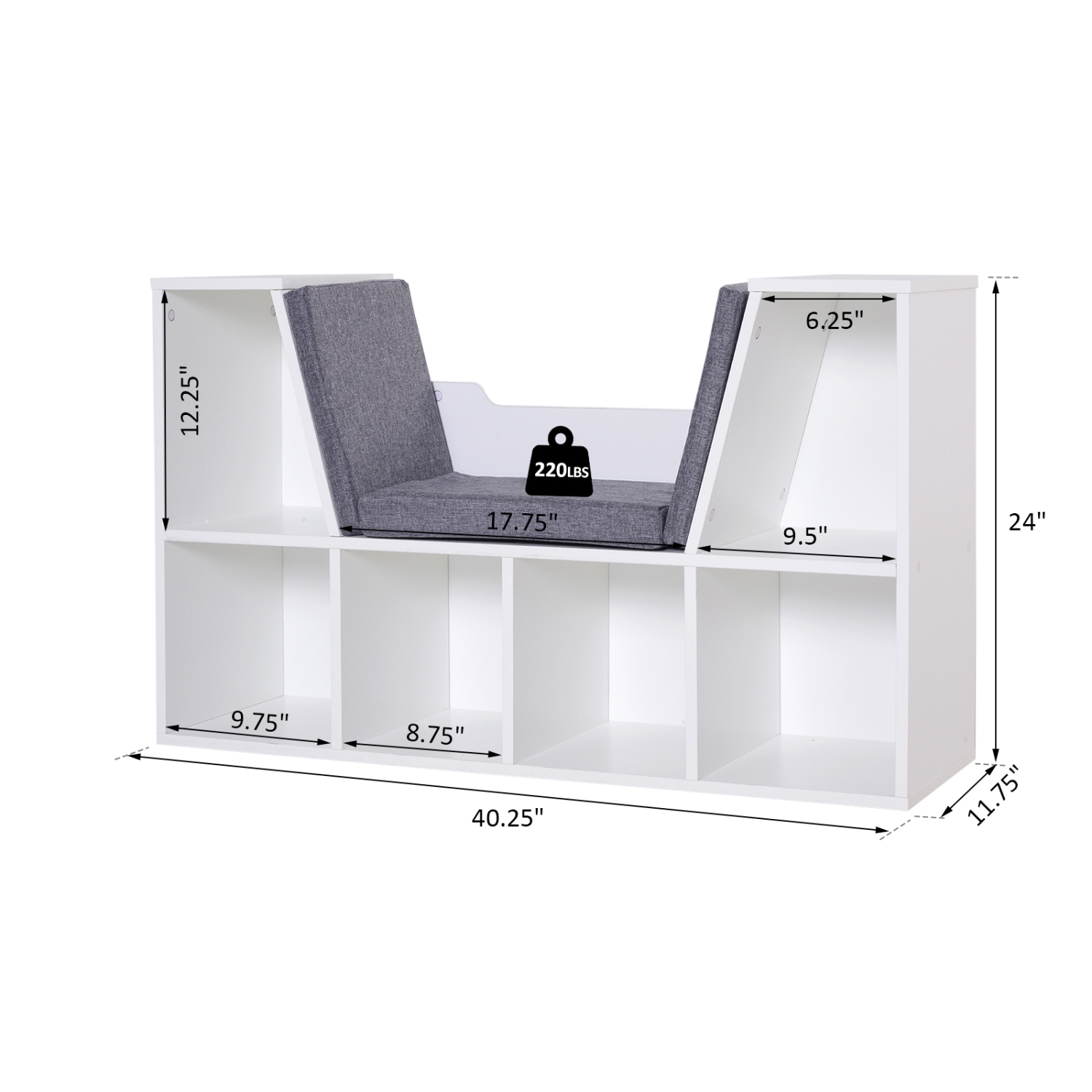 HOMCOM – Bibliothèque à 6 casiers avec coussin de siège, étagère de rangement cubique avec coin de lecture pour bureau à domicile, bureau, gris