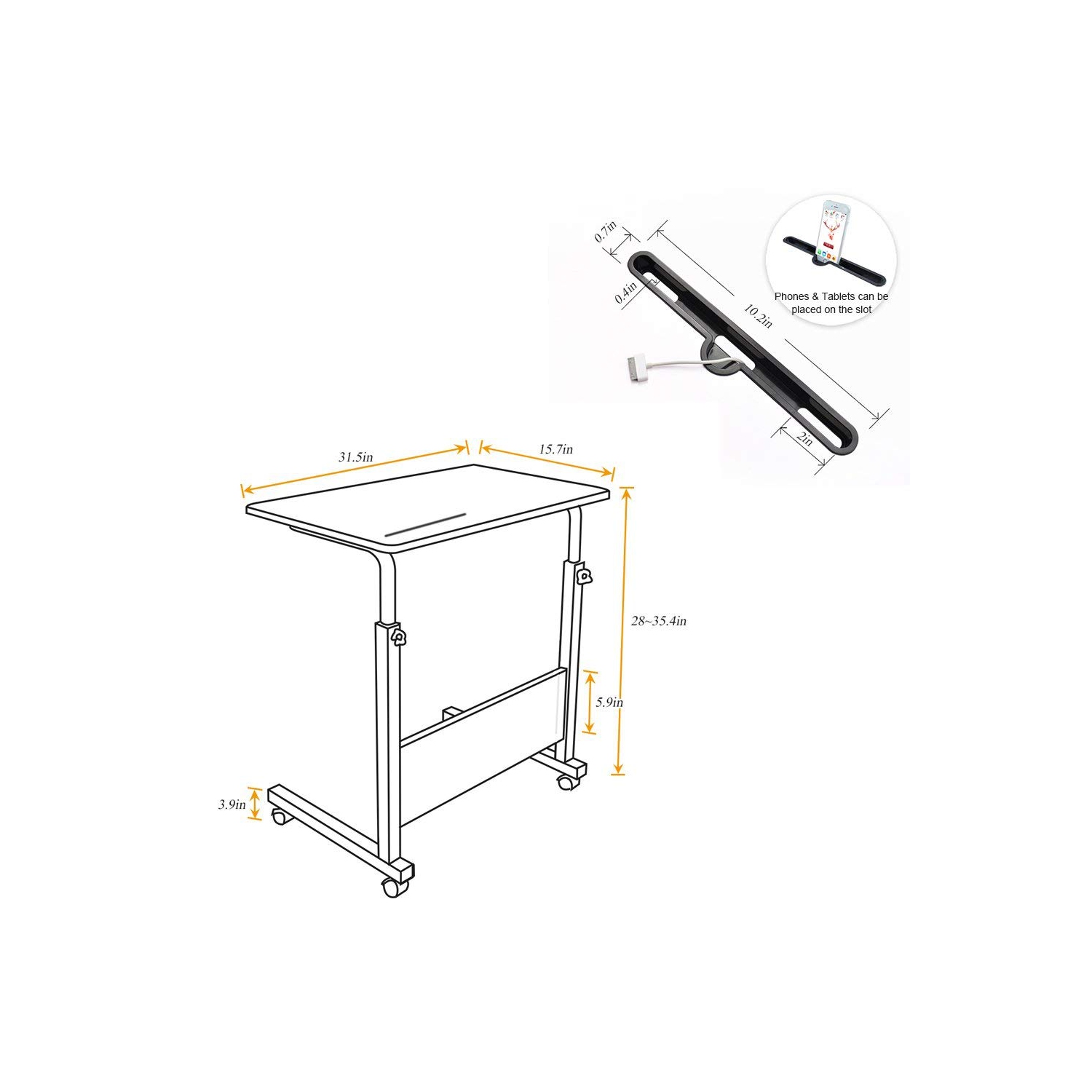 Duramex Adjustable Rolling Mobile Table 31.4" Portable Laptop Computer Stand Desk Cart Tray, Black
