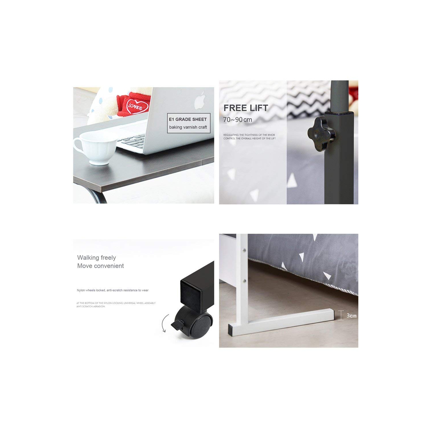 Duramex Adjustable Rolling Mobile Table 31.4" Portable Laptop Computer Stand Desk Cart Tray, Black