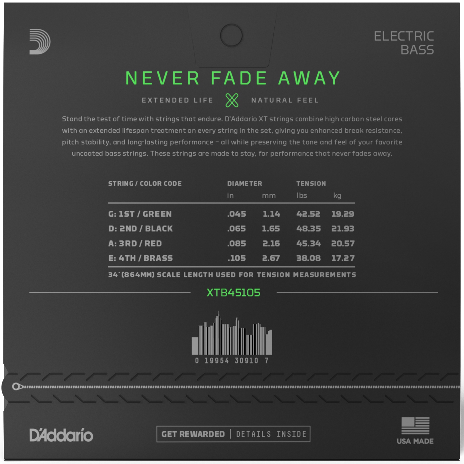 Cordes de guitare basse nickelées XT d'Addario - 45-105 longues