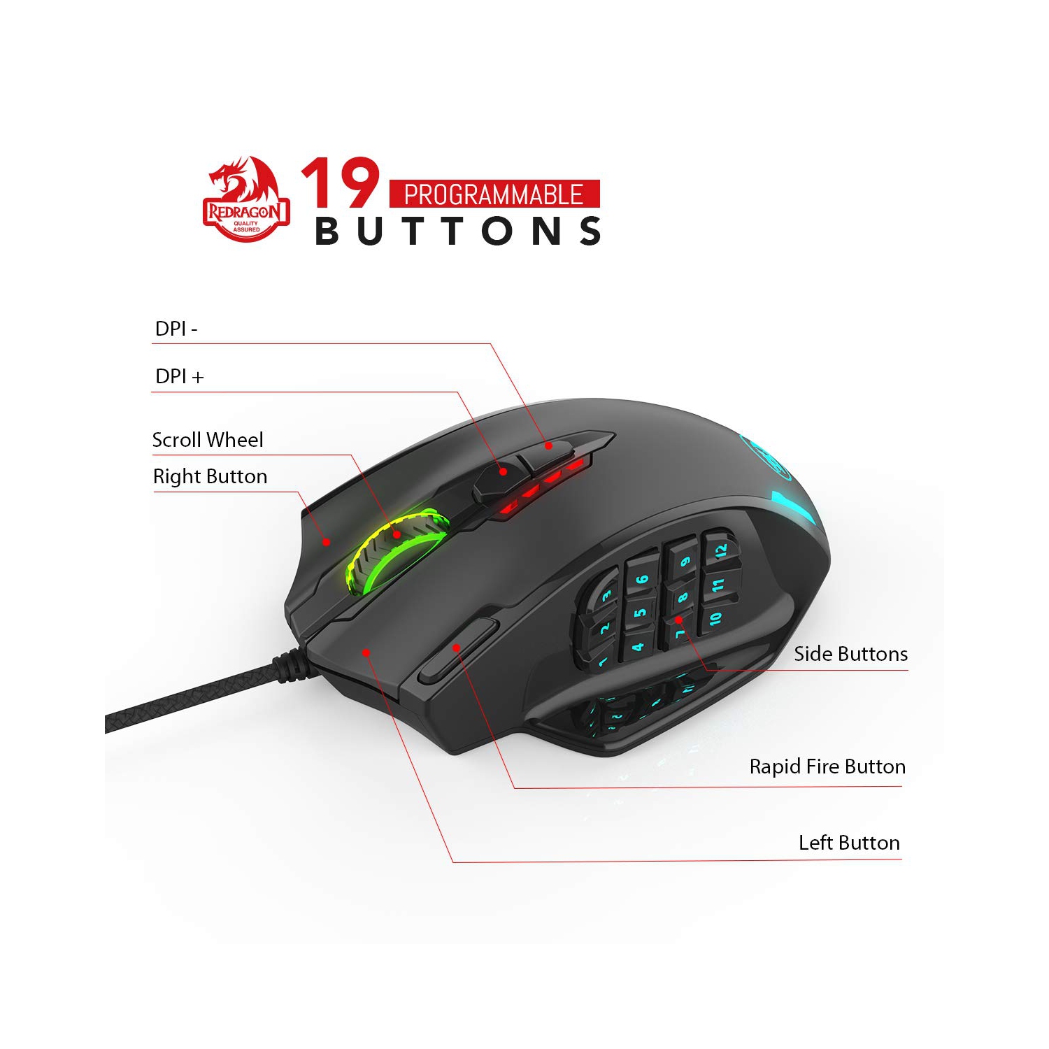 Souris de jeu RVB, souris laser MMO avec fil de 12400 ppp avec activation haute précision, 12 boutons latéraux macros
