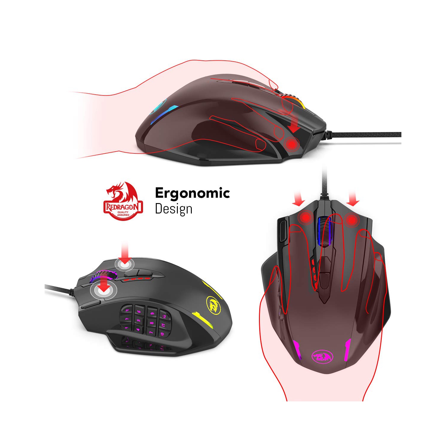 Souris de jeu RVB, souris laser MMO avec fil de 12400 ppp avec activation haute précision, 12 boutons latéraux macros