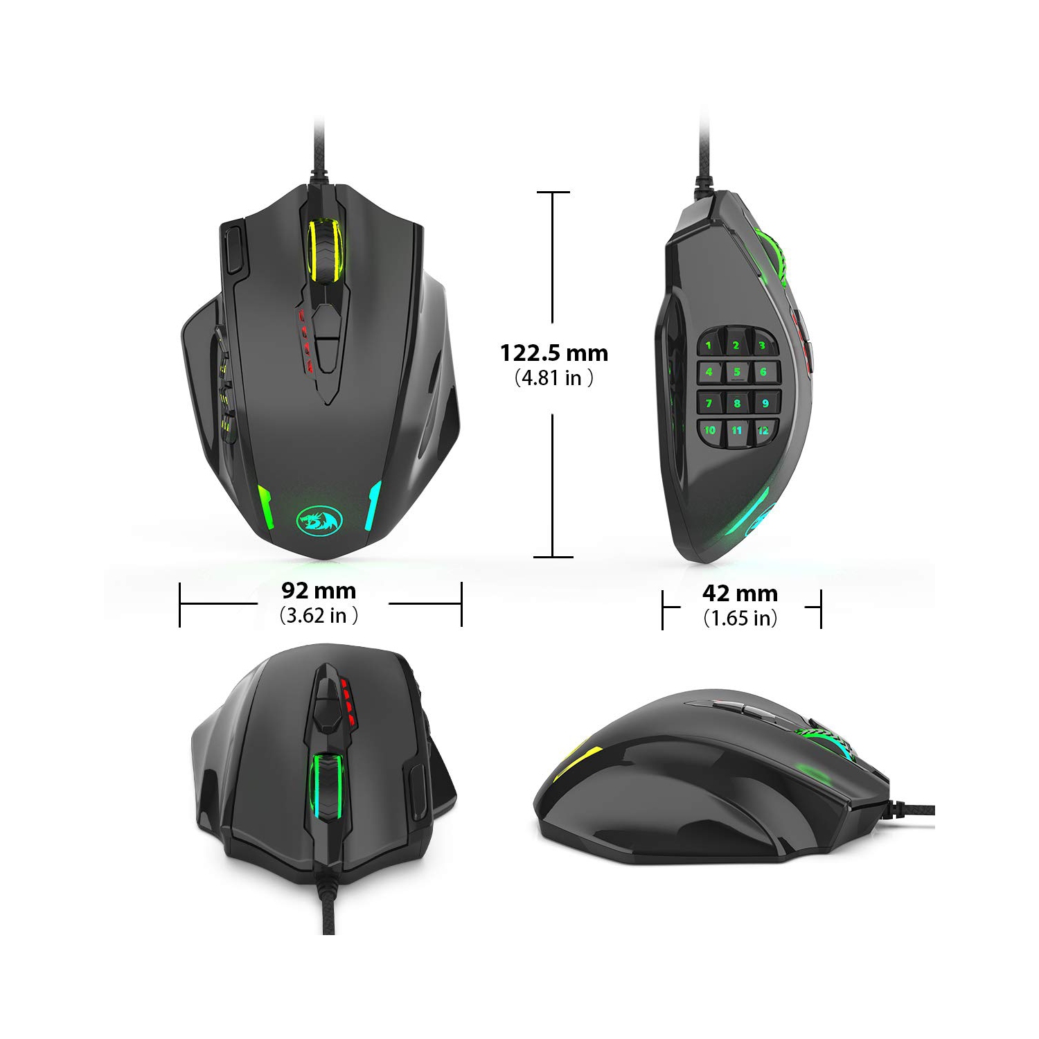 Souris de jeu RVB, souris laser MMO avec fil de 12400 ppp avec activation haute précision, 12 boutons latéraux macros