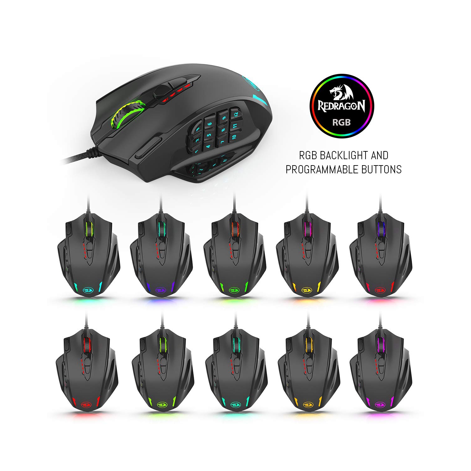 Souris de jeu RVB, souris laser MMO avec fil de 12400 ppp avec activation haute précision, 12 boutons latéraux macros