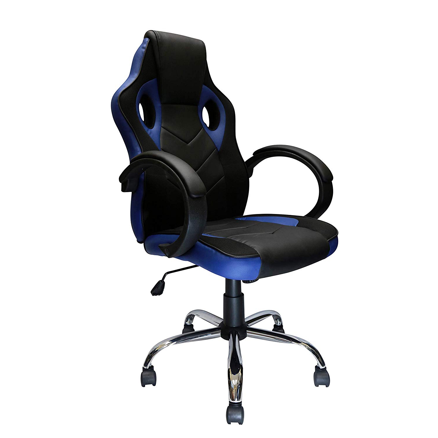 Ce fauteuil de jeu de course bleu de Nicer Furniture est doté d’un siège inclinable et d’un accoudoir