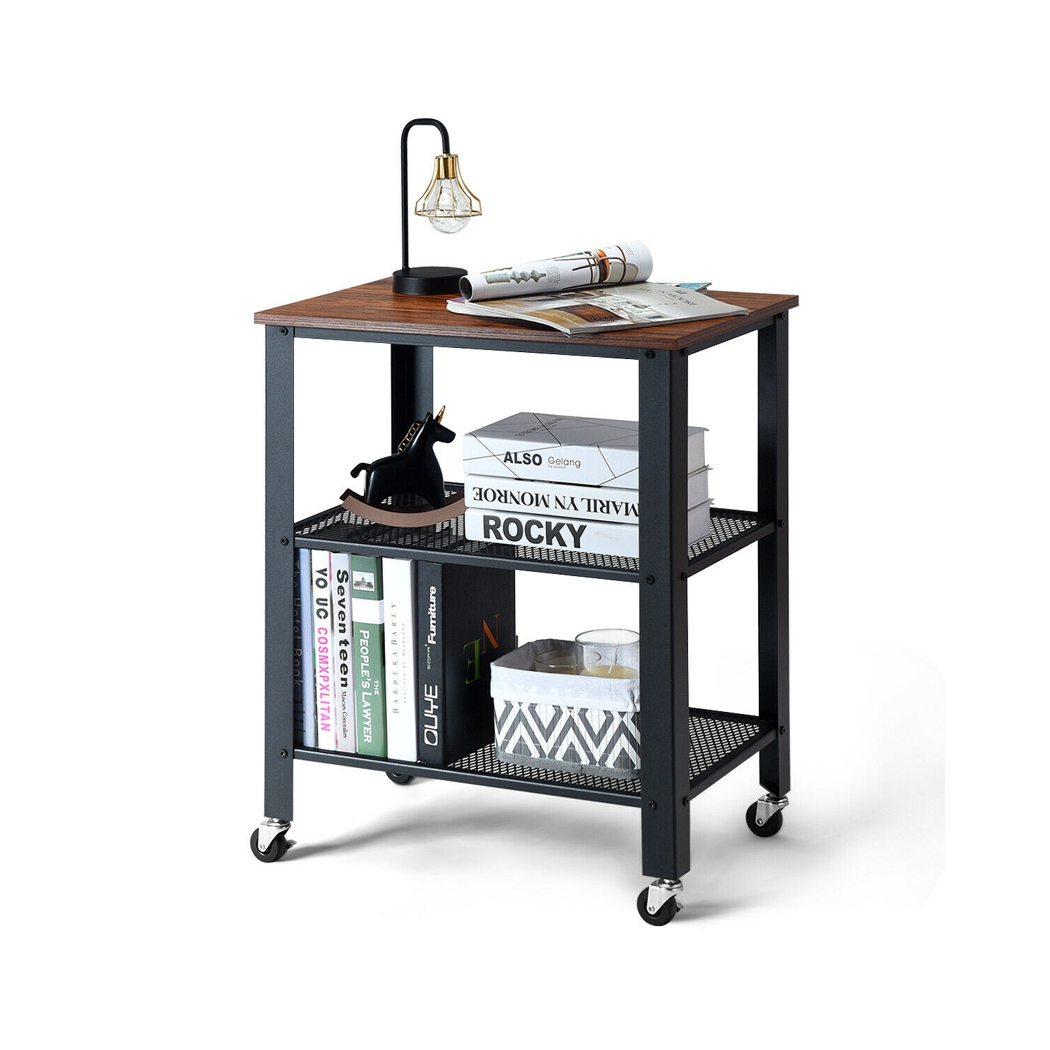 Gymax Industrial Serving Cart 3-Tier Kitchen Utility Cart on Wheels w/Storage Black