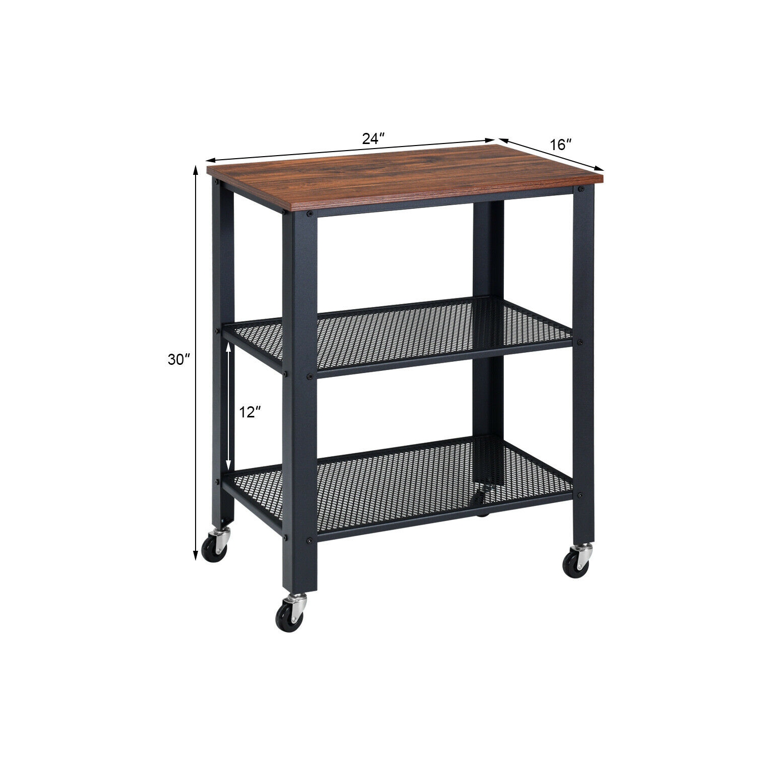 Gymax Industrial Serving Cart 3-Tier Kitchen Utility Cart on Wheels w/Storage Black