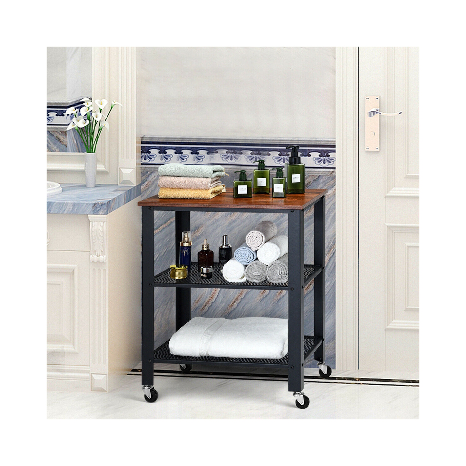 Gymax Industrial Serving Cart 3-Tier Kitchen Utility Cart on Wheels w/Storage Black