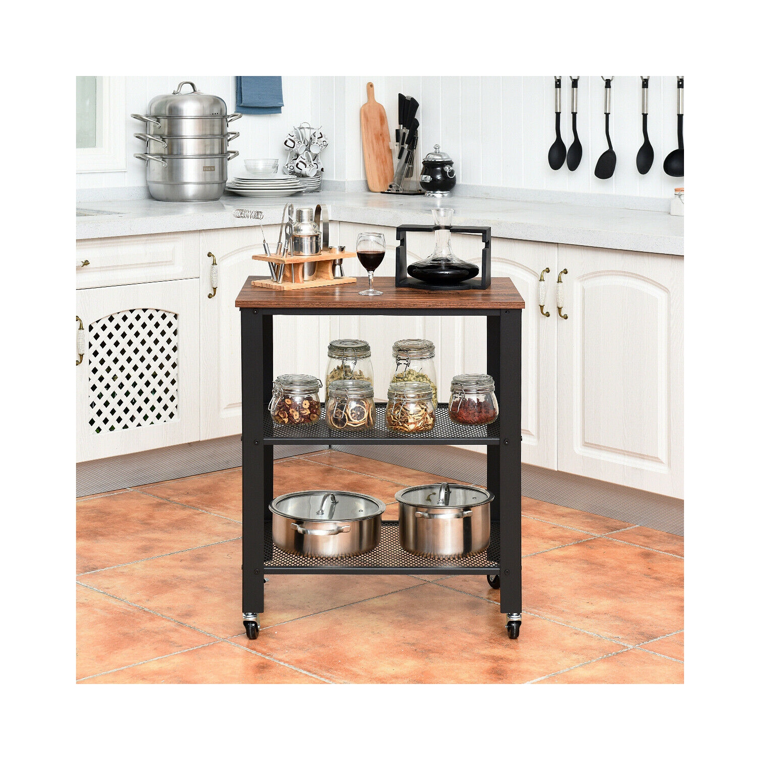 Gymax Industrial Serving Cart 3-Tier Kitchen Utility Cart on Wheels w/Storage Black